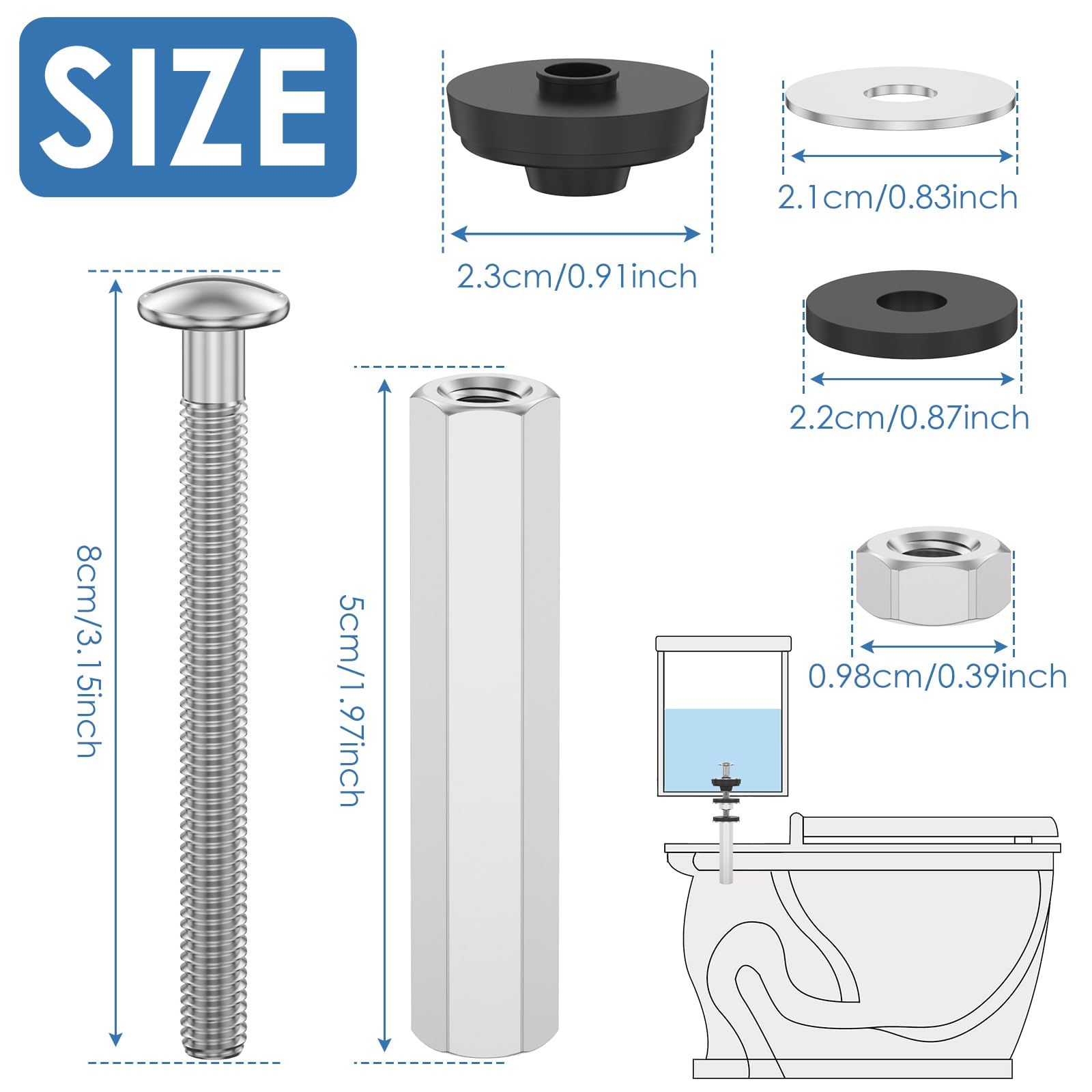 4PCS Universal Toilet Tank to Bowl Bolts Kit, 304 Stainless Steel Toilet Tank Bolt Washer Kit Universal Toilet Rubber Washer Gasket Set Toilet Split Bolt Replacement M6×80 for Most Toilet Tank