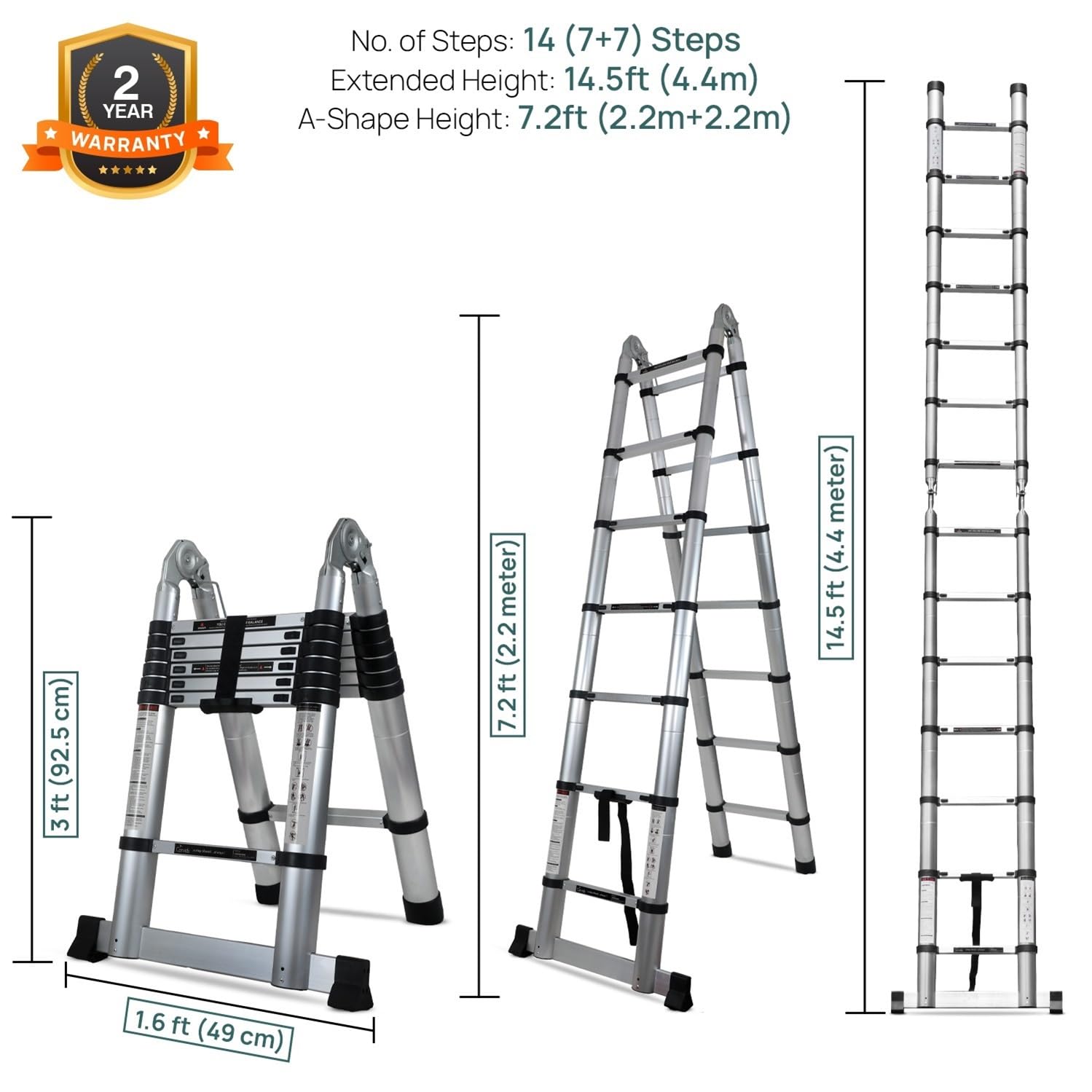 Corvids Telescopic Ladder - 14.5ft, 14 Steps -4 Corvids Telescopic Ladder - 14.5ft, 14 Steps -4