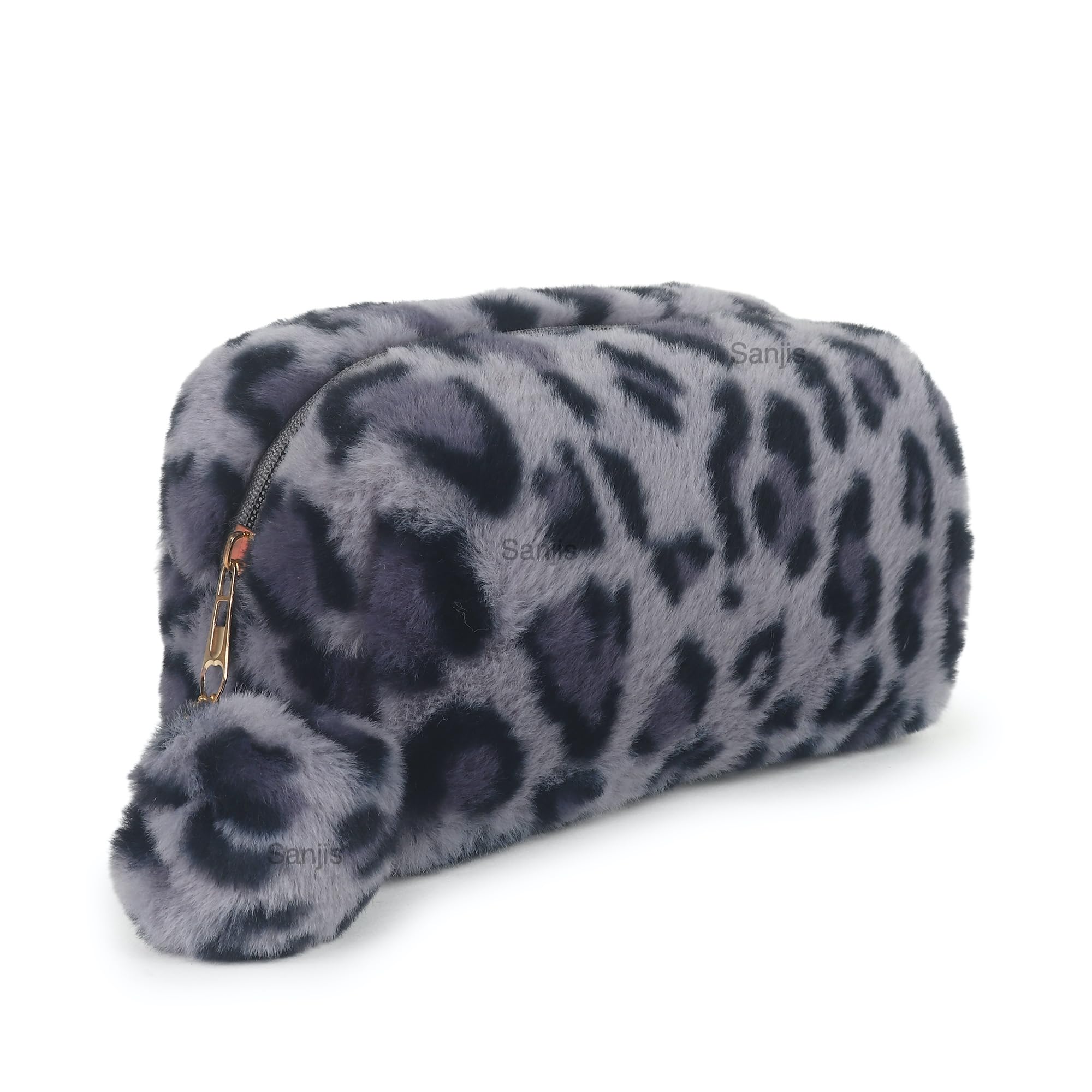 Sanjis Enterprise Leopard Print Faux Fur Makeup Pouch for Women | Soft Plush Cosmetic Bag with Pom Pom Keychain | Travel Toiletry Organizer for Girls (Grey) (Style1)-image-34