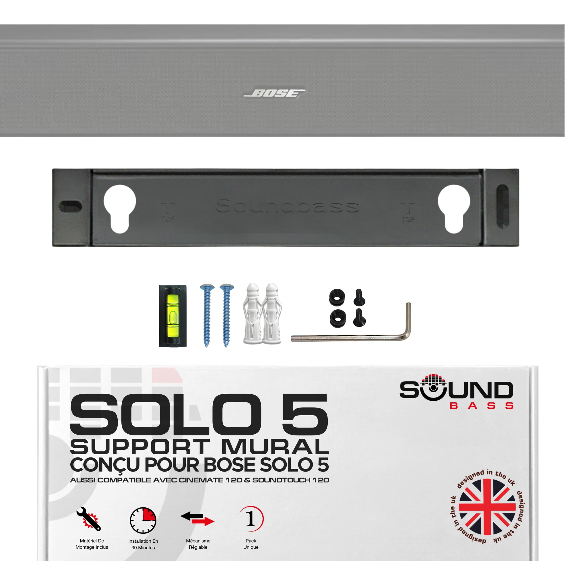 Wall Mount Kit For Bose WB-120, Solo Soundbar Series II, Wall Bracket Holder Stand Compatible With Bose WB-120 SoundTouch,Solo 5 Soundbar, CineMate 120 Speaker With All Necessary Screws (Black