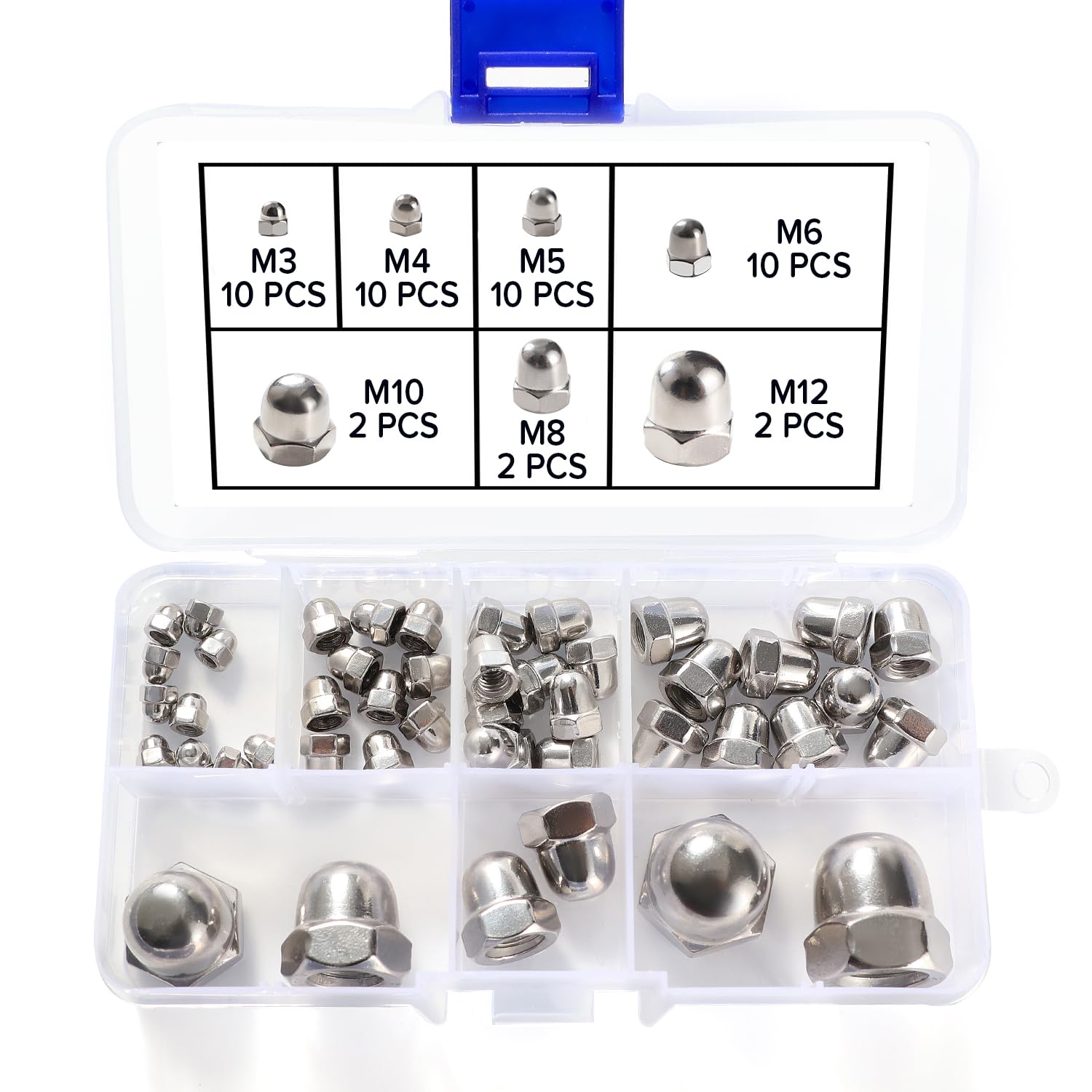 46 Pezzi M3/M4/M5/M6/M8/M10/M12 Dado Cieco a Calotta in Acciaio Inox, Dadi per Cappello, Dadi a Cupola Kit, per Viti, Bulloni