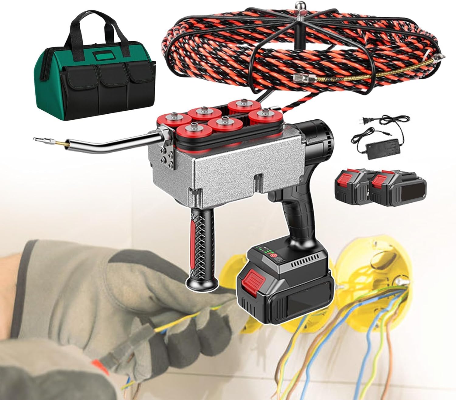 Electrician Cable Insertion & Extraction Tools, Wall Threading Wire Machine 40m/min Electrician's Threader with 65kg Pulling Force, Professional Cable Pulling Tool 21V 15A,2-battery