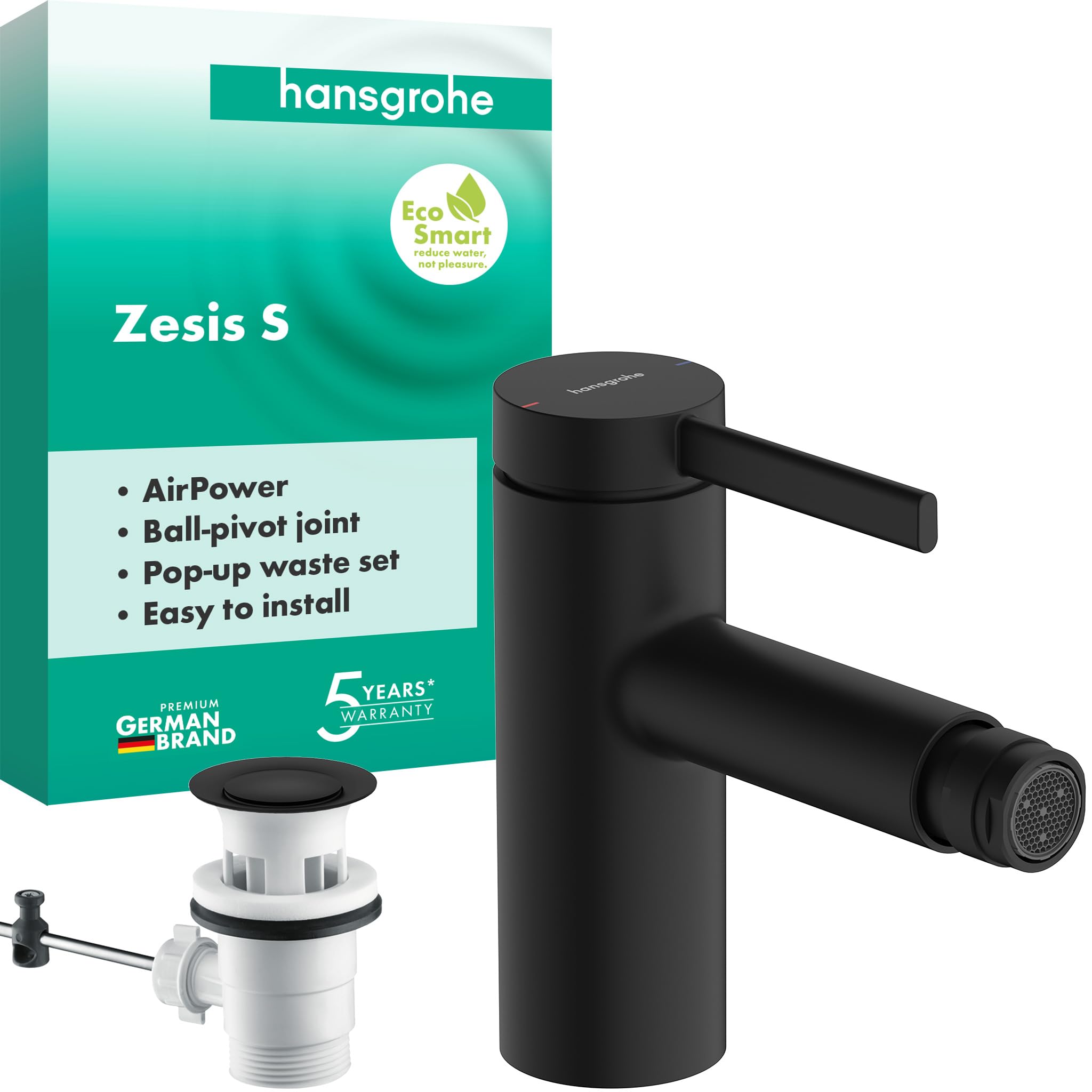Robinet de bidet noir mat EcoSmart hansgrohe Zesis S avec vidage