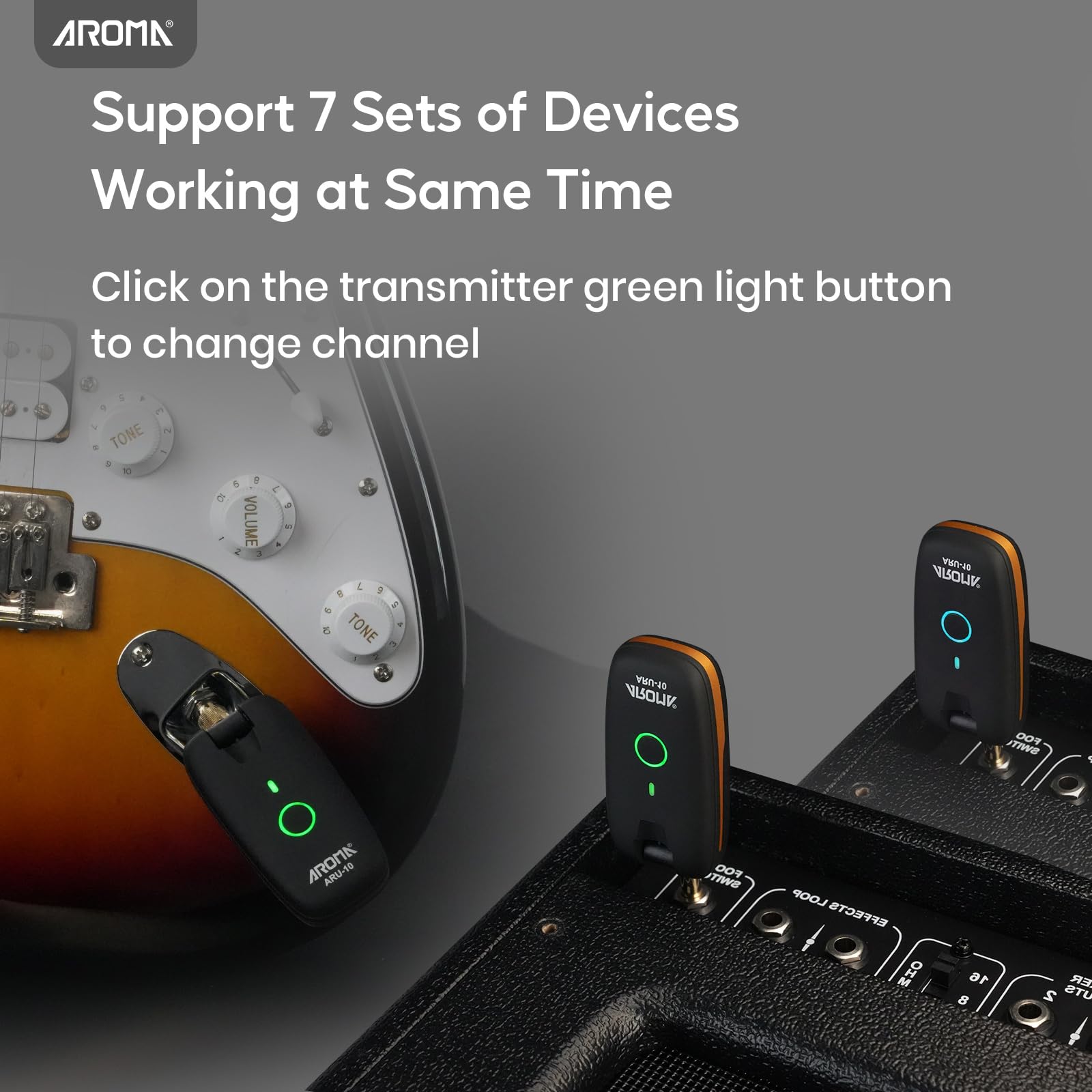 AROMA Trasmettitore e Ricevitore Wireless per Chitarra con 7 Canali Sistema Audio Ricaricabile Senza Fili per Chitarra, Basso, Strumenti Elettrici