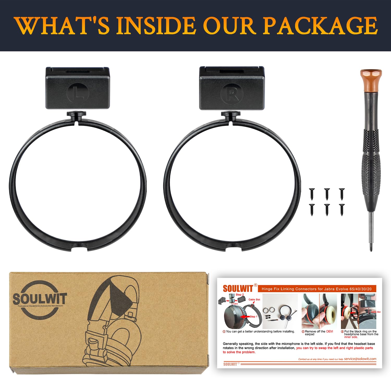 SOULWIT Kit de Réparation de Charnières Cassées pour Jabra Evolve 65/40/30/20 Casque (Wired Uniquement), Joints de Remplacement pour Cache Latéral et Bandeau Curseur d'arceau