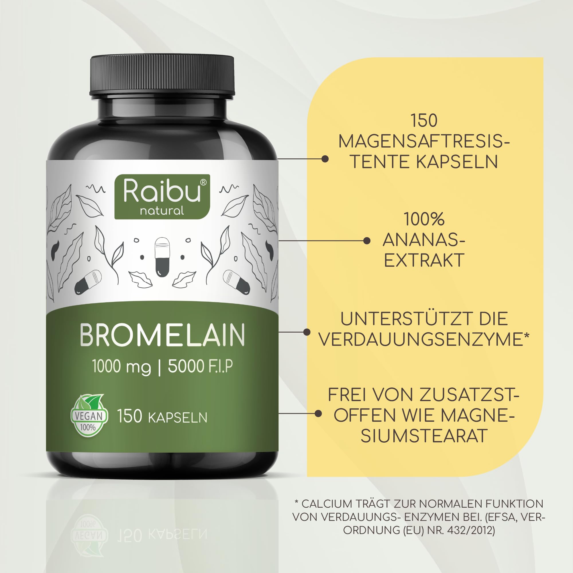Bromelain Hochdosiert, 1000 mg (2500 GDU) pro Tag - 150 magensaftresistente Kapseln - Natürlicher Ananas Extrakt - In Deutschland produziert, laborgeprüft und vegan