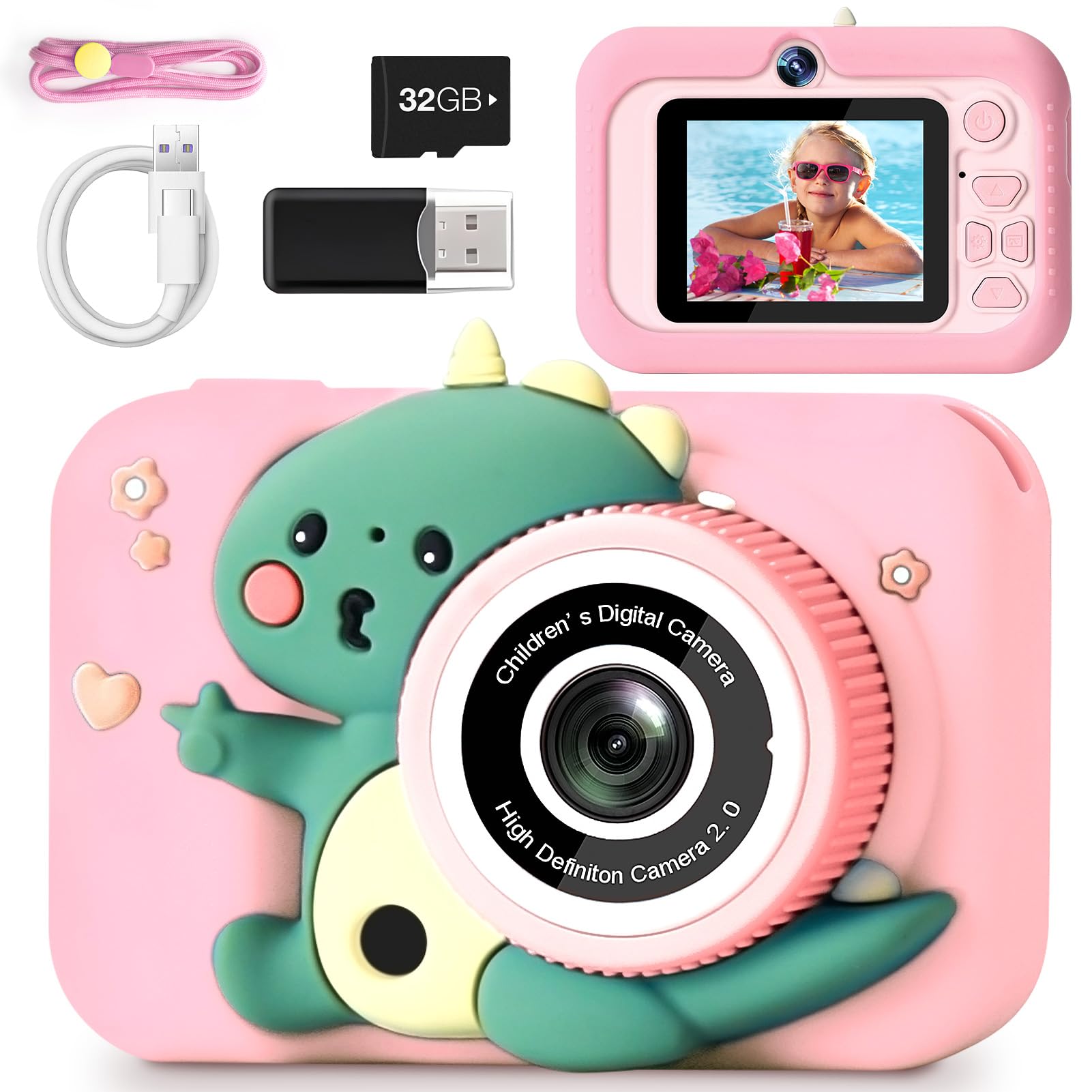 MILFECH 1080P HD 2,0-Zoll-Bildschirm Digitalkamera Kinder mit Selfie Video Kamera 32GB-Karte für 3-12 Jahre Jungen Mädchen Spielzeug Dinosaurier Fotoapparat Rosa