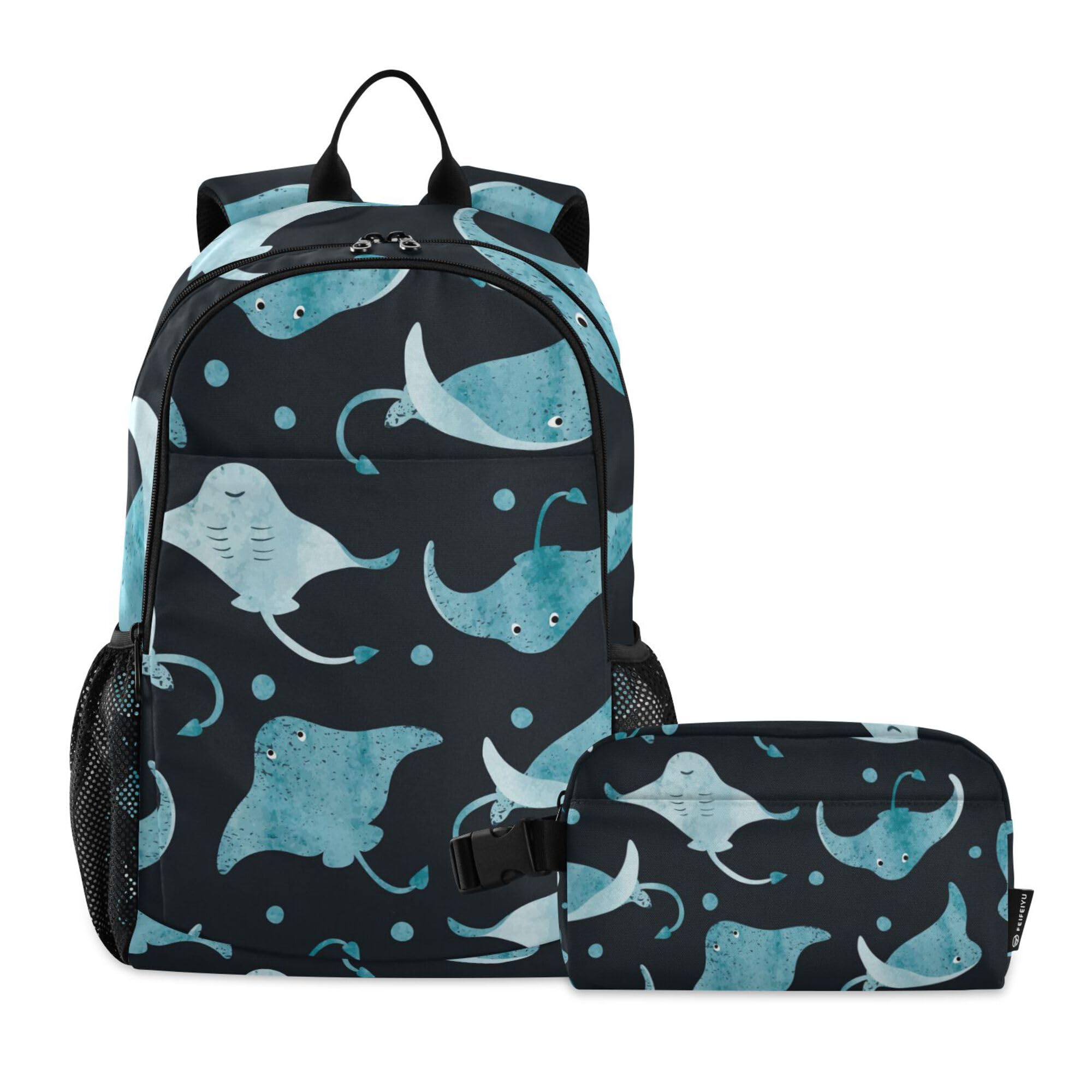 Jucciaco Watercolor Stingray Fish Backpack with Lunch Bag, School Backpack for Teens Boys Girls Kids Travel Backpacks Set