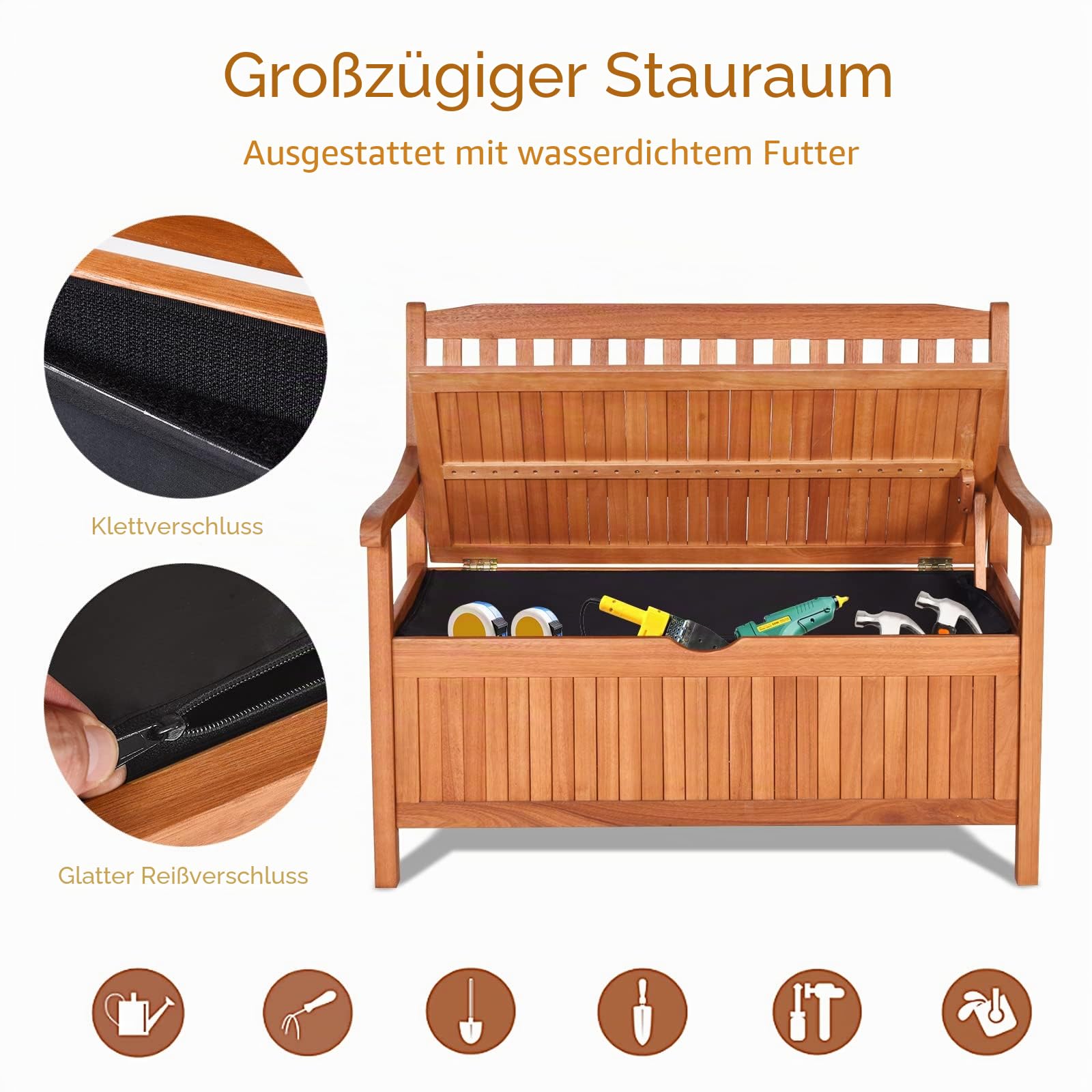 KOMFOTTEU 2 Sitzer Gartenbank mit Strauraum, Außenbank aus Eukalyptus, Holzbank mit Armlehnen und Rückenlehne bis zu 360 kg belastbar, Truhenbank für Garten Terrasse, Natur