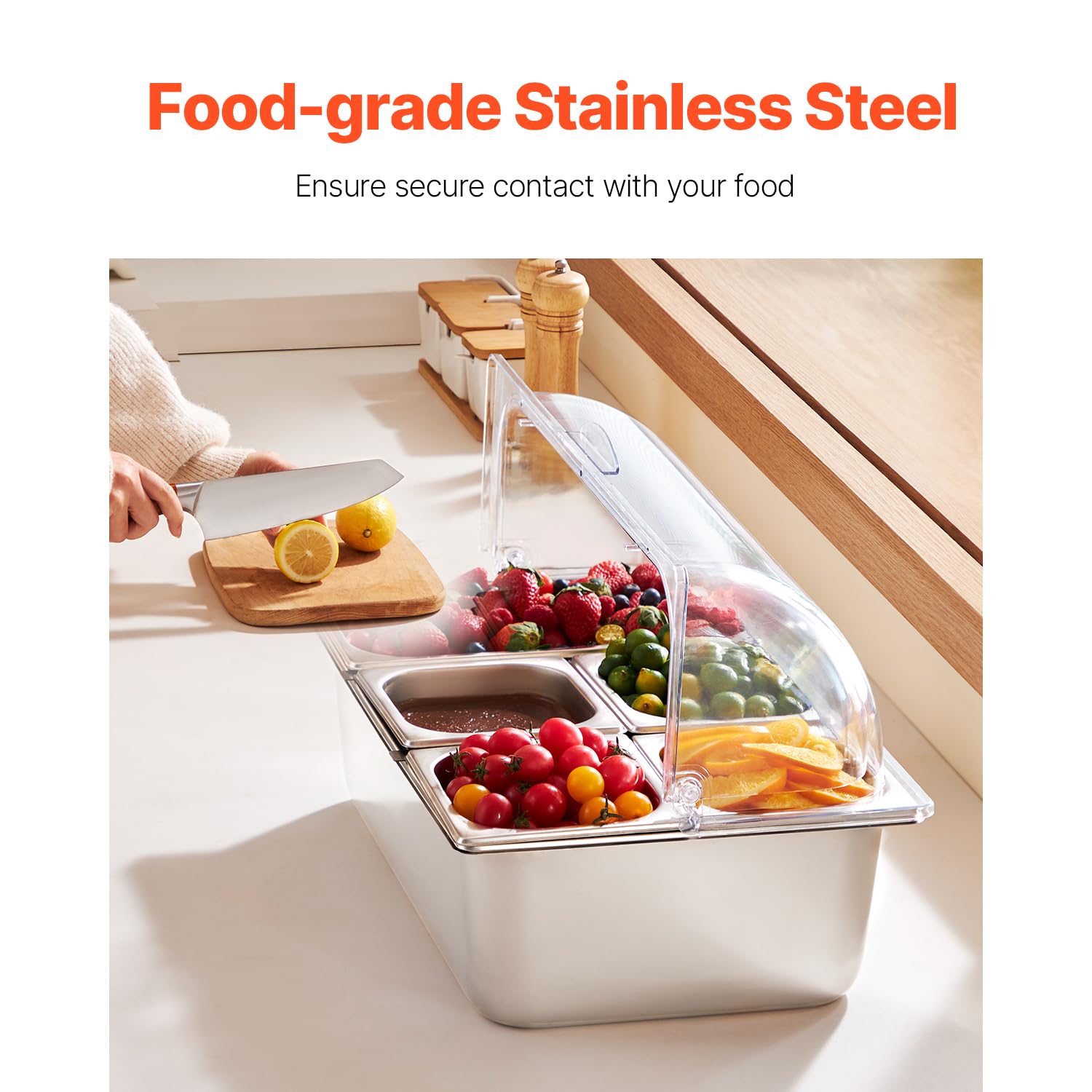 Happybuy Countertop Food Serving Display Container: A 5 - Pan Marvel. This stainless - steel food serving tray comes with a clear lid and 3 freezer boxes.