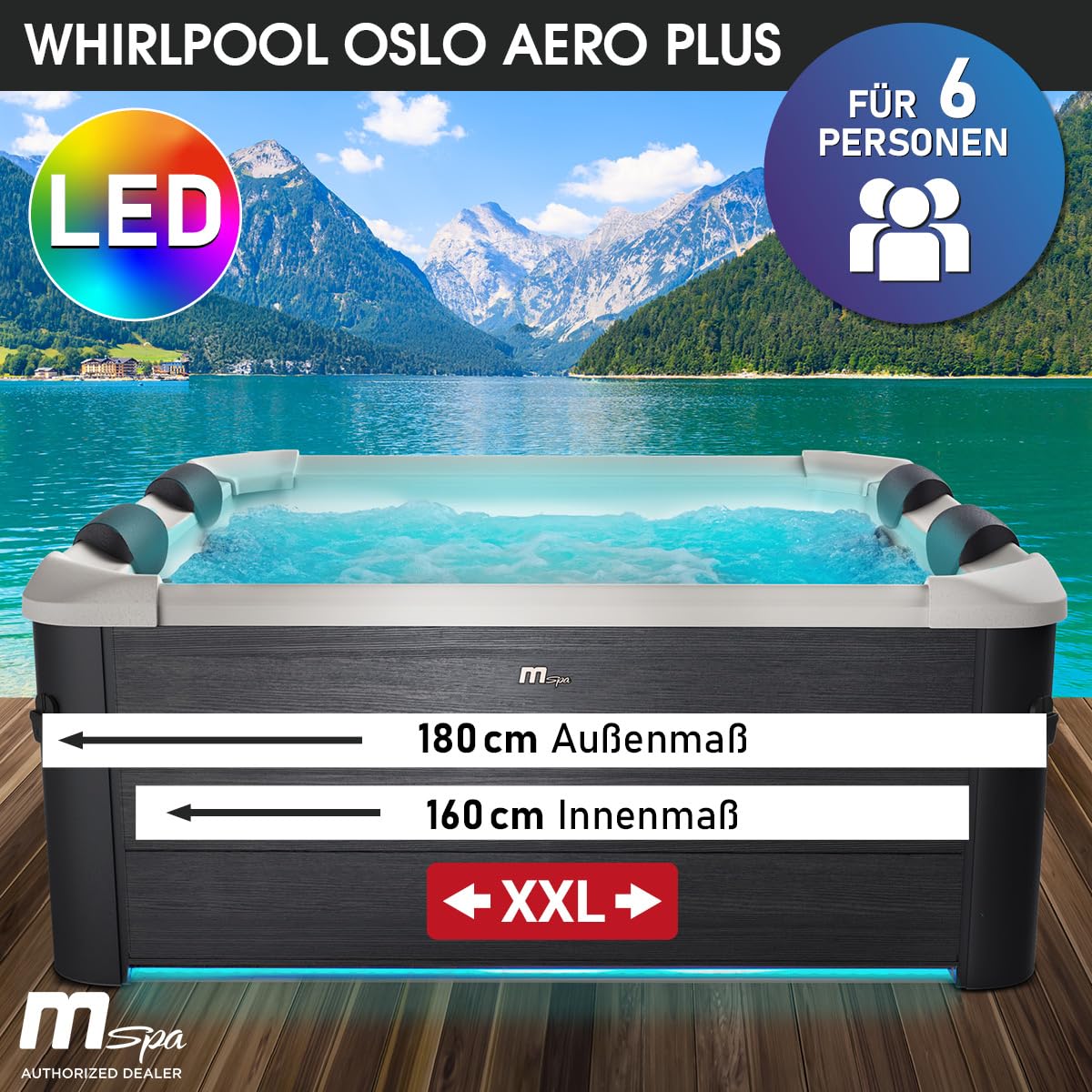 BRAST Whirlpool MSpa Frame - Oslo Sapphire & Amber mit Fester Außenwand | 160x160x65cm - 180x180x65cm | 5 Modelle | LED-Beleuchtung | 6 Personen | Ganzjähriger Einsatz Winterfest | Oslo Aero Plus