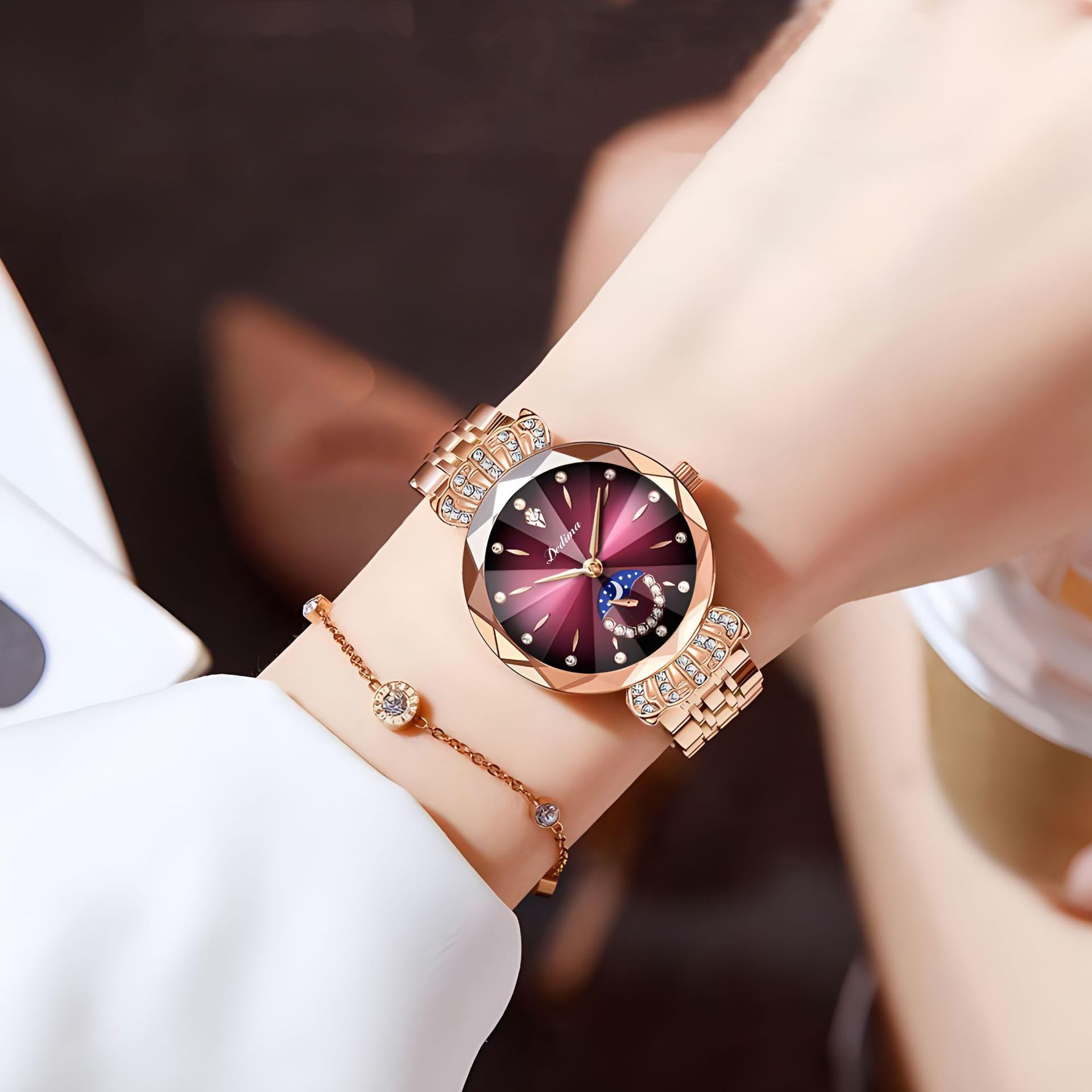 FANMIS Reloj de pulsera de oro rosa con detalles de cristal para mujer