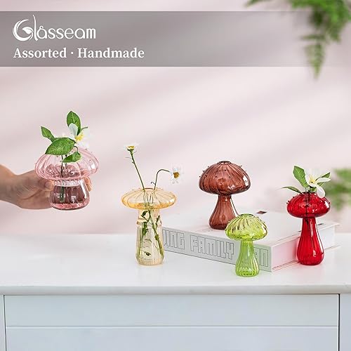Miniatura 3 de Glasseam Macetero de cristal de hongo, juego de 5 estaciones de propagación de plantas de colores, mini terrario para plantas, pequeño jarrón de