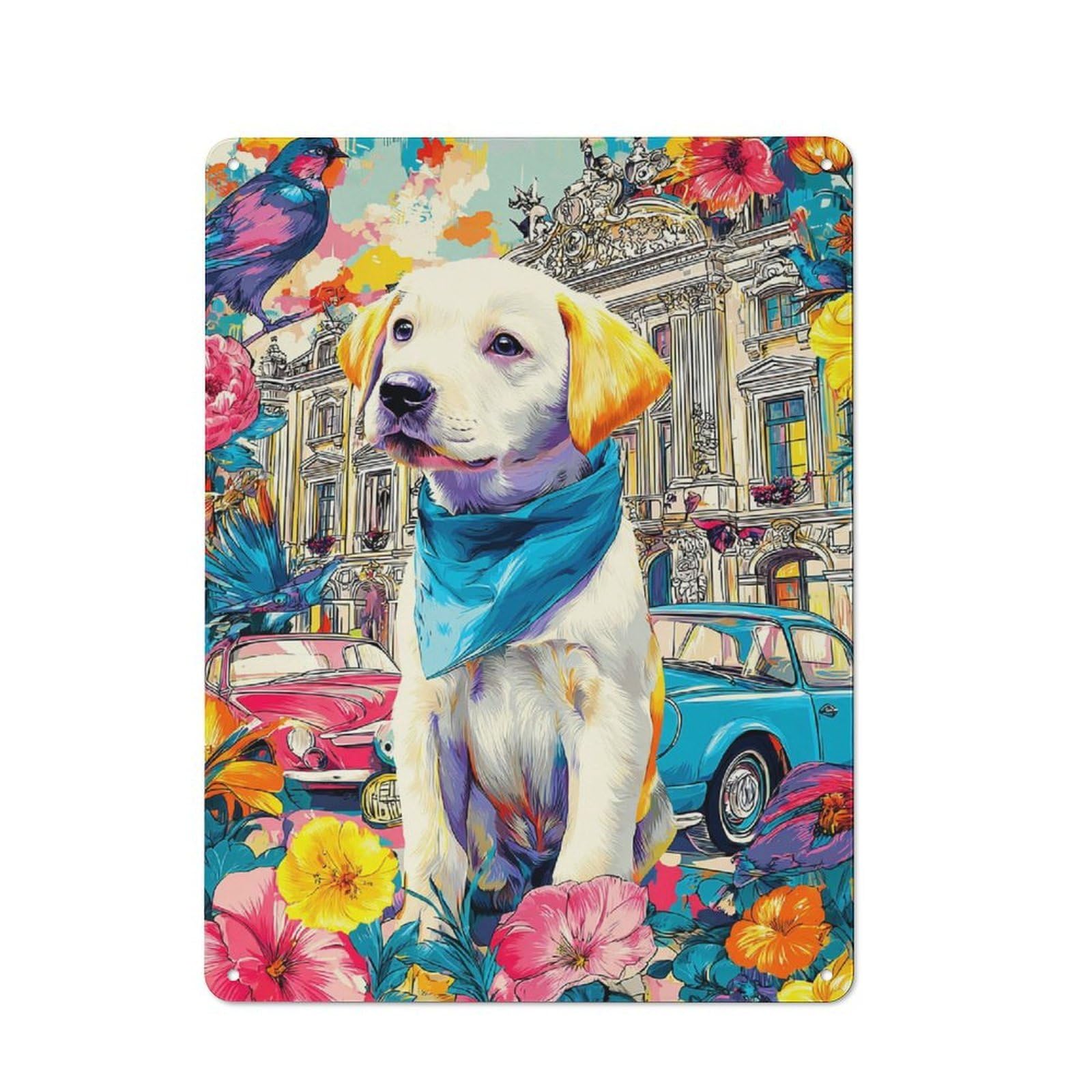 Junmoney Colorful Cityscape With Puppy Metal Wall Sign 40X30cm Featuring For Bar Or Restaurant, For Themed Interiors In Bars And Restaurants