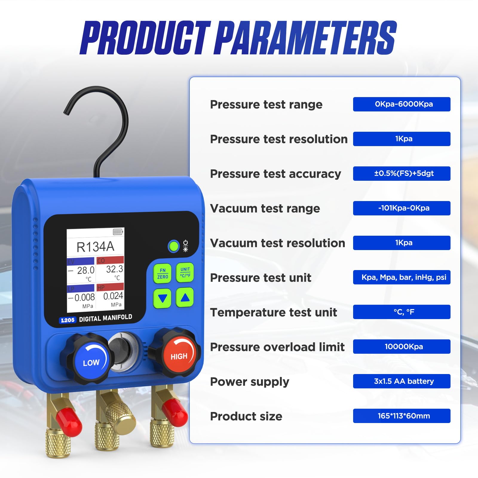 Refrigeration Digital Manifold HVAC Gauge Kit, Vacuum Pressure Temperature Leakage Tester Set for Testing Maintaining Air-Conditioner, Refrigerator - with Test Clip & Pipe (L205)