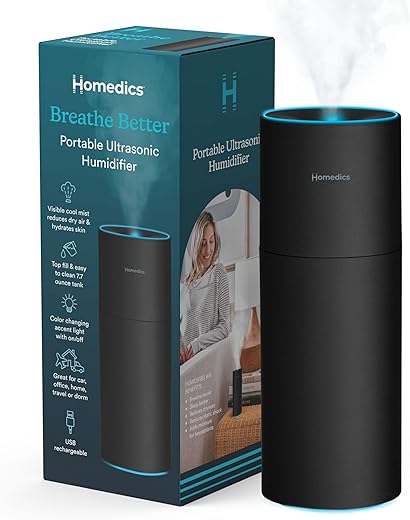 Homedics Portable Humidifier – Small Air Humidifiers for Bedroom, Plants, Office, Travel – Cool Mist Humidifiers, Color-Changing Accent Light, 2…