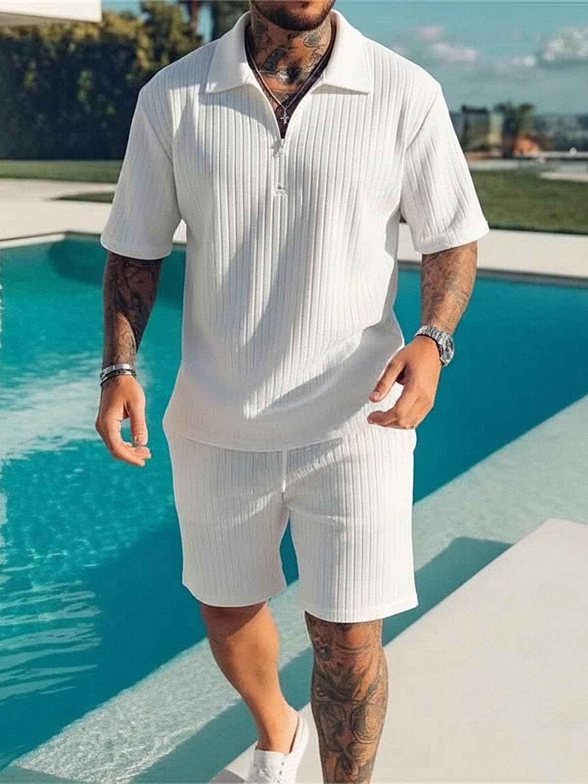 Conjunto Verano Hombre 2 Piezas Cremallera Camiseta y Pantalones Cortos Chándal con Bolsillos