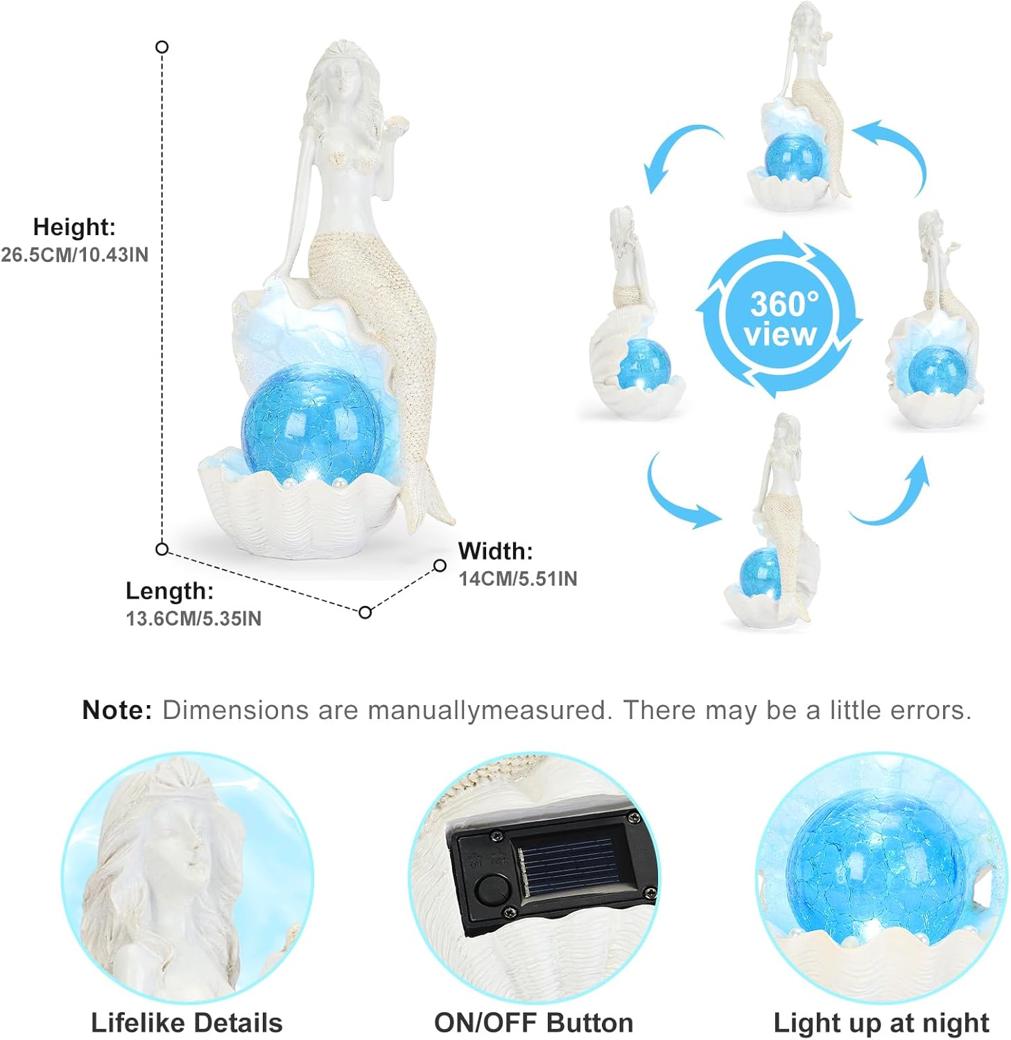 Solar Garden Mermaid Decor Outdoor Statue - Mermaid With LED Waterproof Sculptures Lights, Cute Mermaid Pond/Yard Statues Outside Decoration, Home, Lawn, Patio, Resin Animal Ornament, Gardening Gift