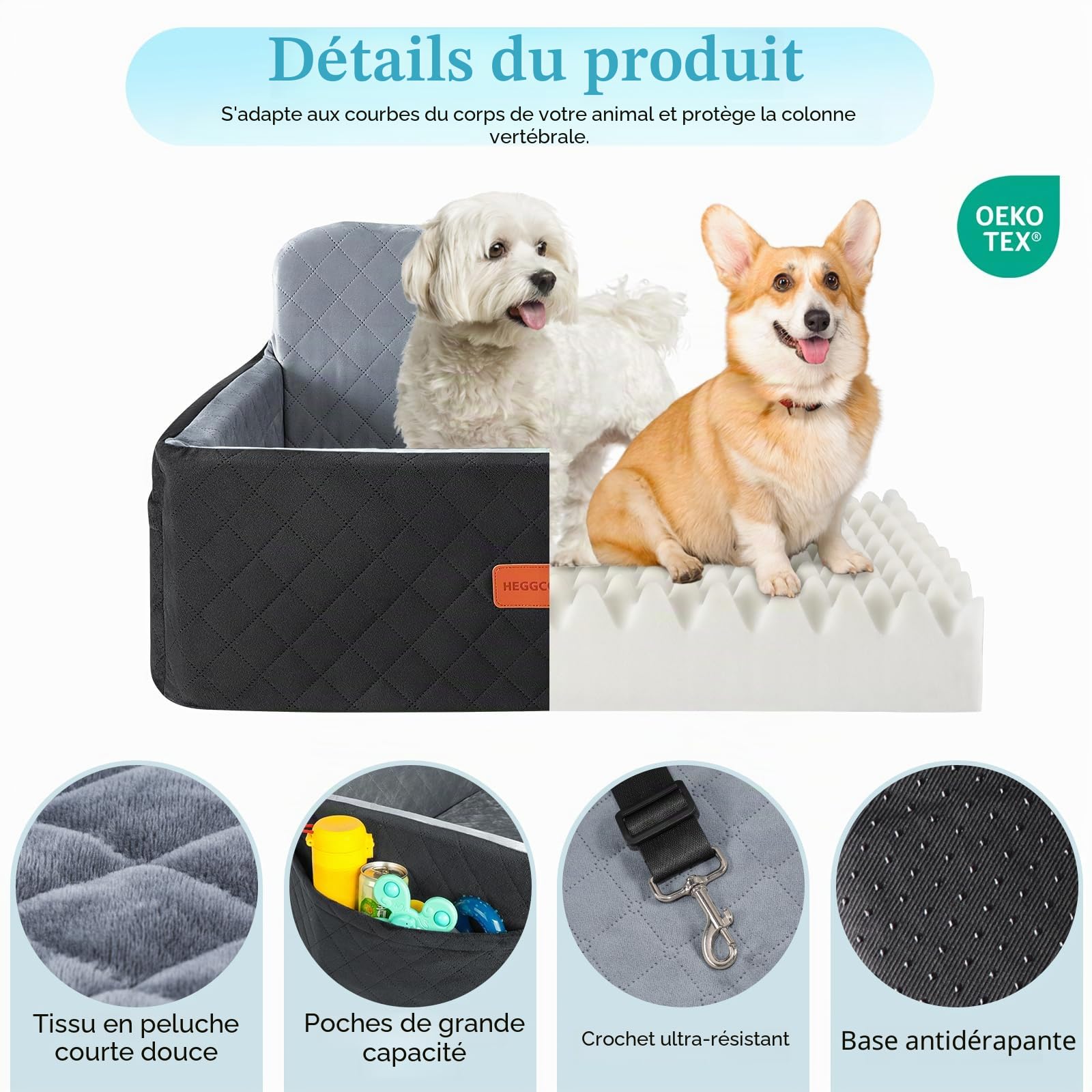 HEGGCOOE Siège auto pour chiens moyens/grands - Rehausseur pour animaux <25 kg ou 2 petits chiens, lit de voiture amovible et lavable pour siège arrière