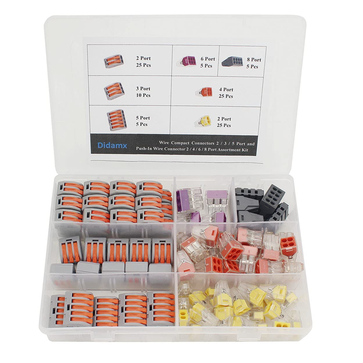 100 Pcs Lever & Push-In Wire Connectors Assortment Kit: 2/3/5/6/8 Port, Quick Connect, Copper, No Tools Needed