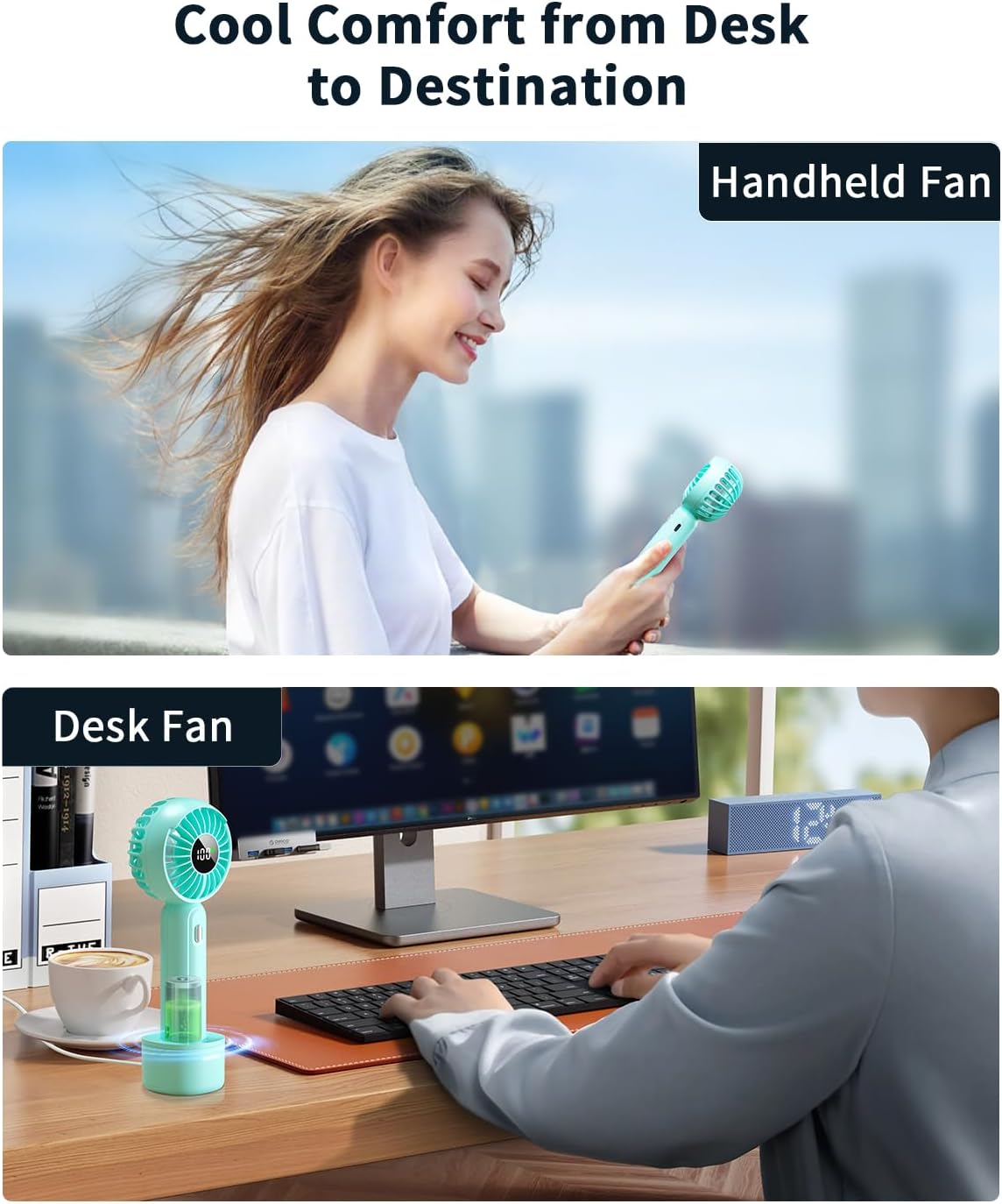 coldSky F03 Handheld Fan used in both handheld and desk modes