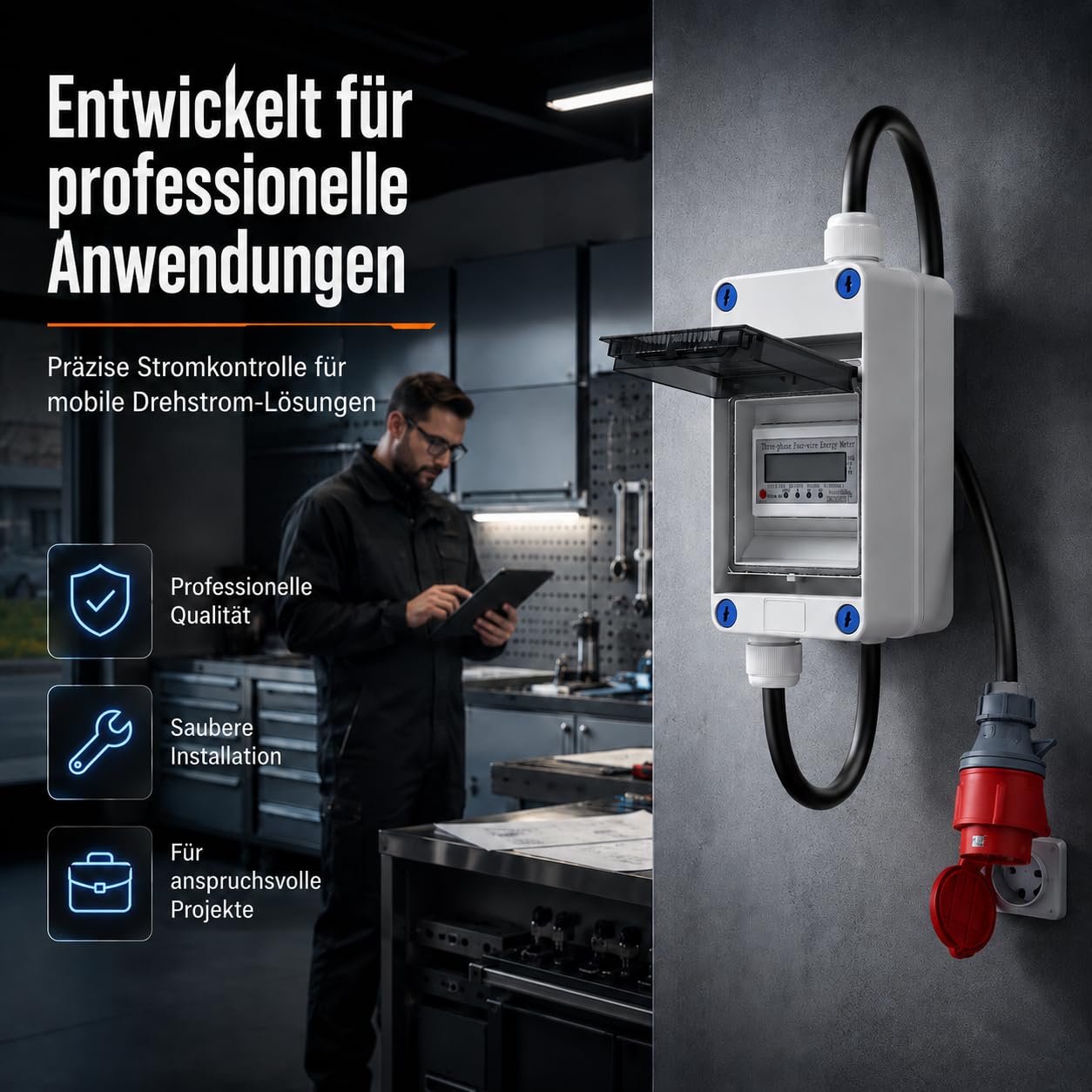 Lospitch Mobiler Stromzähler 32A 400V 3 Phasen CEE 5P Zwischenzähler mit Stecker