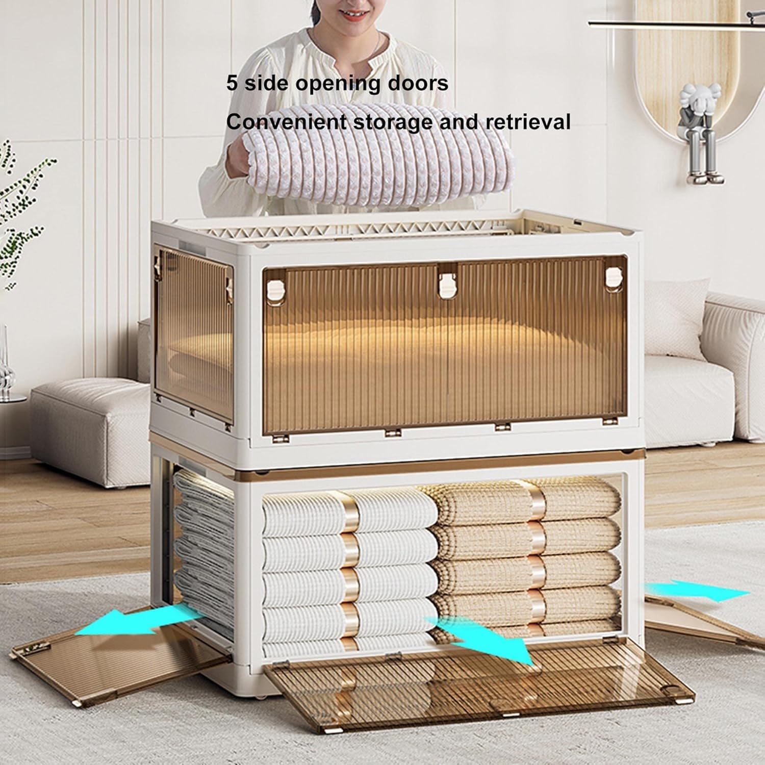 Large Storage Bins, Under Bed Plastic Storage Box with Lids and Wheels, Clear Stackable Storage Containers for Bedroom Office Camping(Apricot,41x29.5x24.5CM)