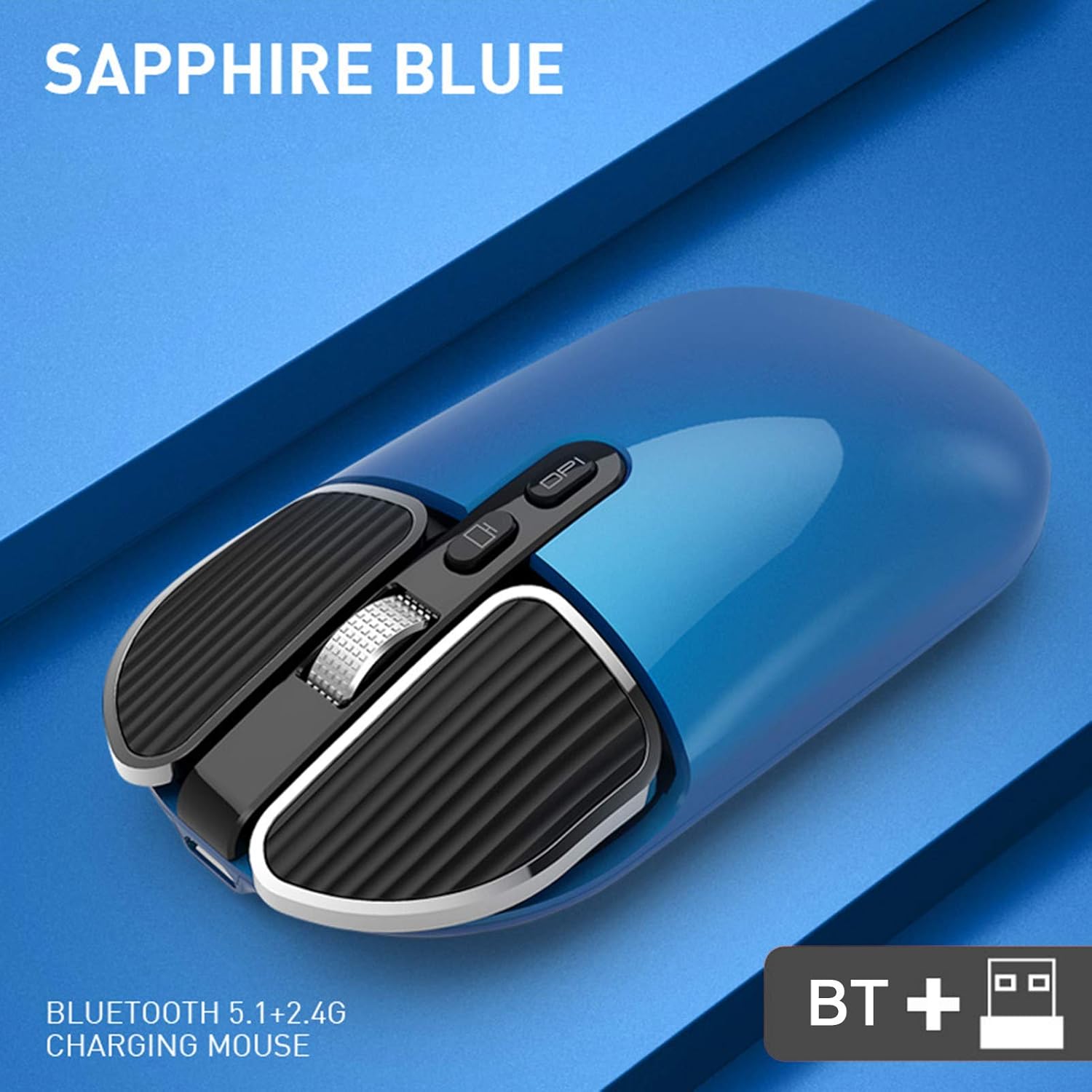 Bottom view of the Fiauli M203 wireless mouse, showing the optical sensor, power switch, and compartment for the USB receiver.