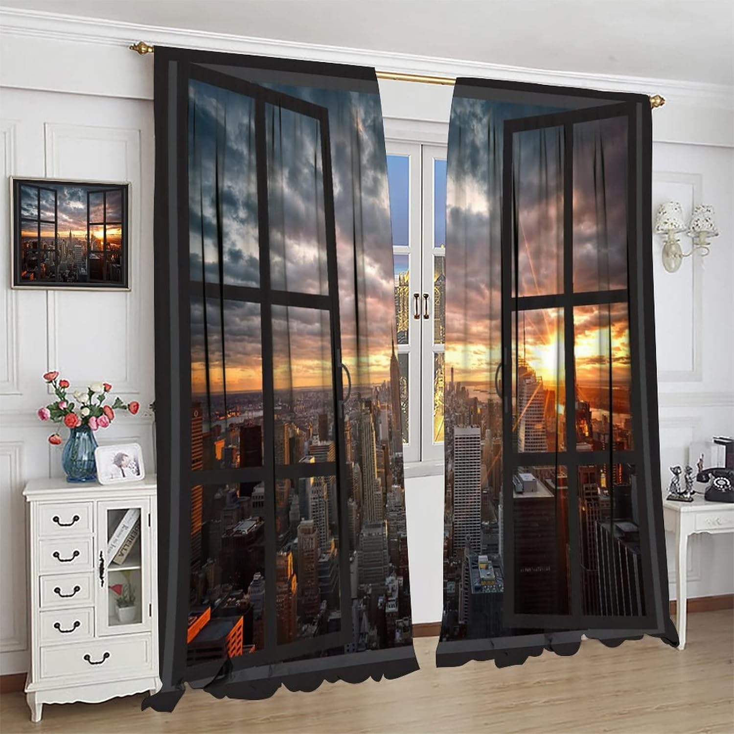 New York Blackout Curtains,Modern NYC Scenery at Sunset Dawn with Skyscrapers Buildings Rod Pocket Window Door Curtains for Living Room Bedroom Office Decor W55xL63in