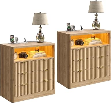 FUSOU Fluted Nightstands Set of 2, Night Stand with Charging Station and LED Lights, Modern Bedside Table with 3 Drawers and Open Shelf, End Table with Storage, Night Stand for Bedroom, Natural Oak