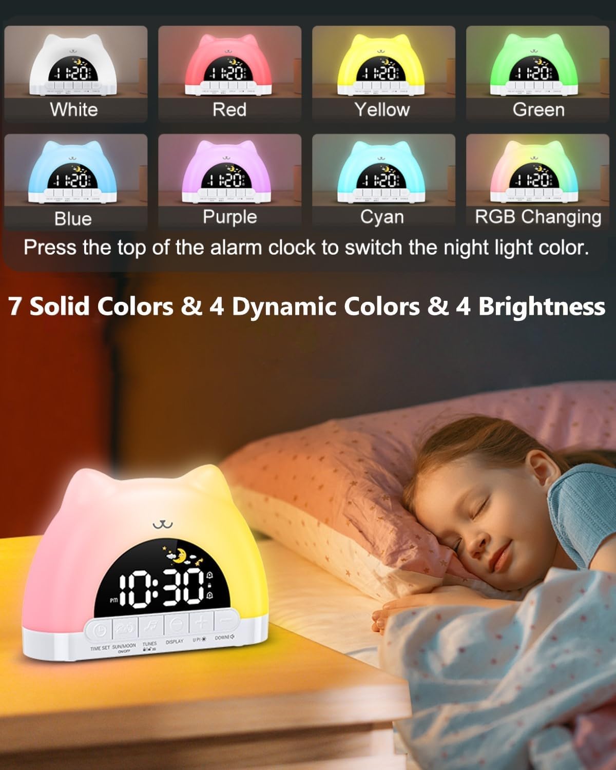 ORIA Kids Alarm Clock displaying various night light colors