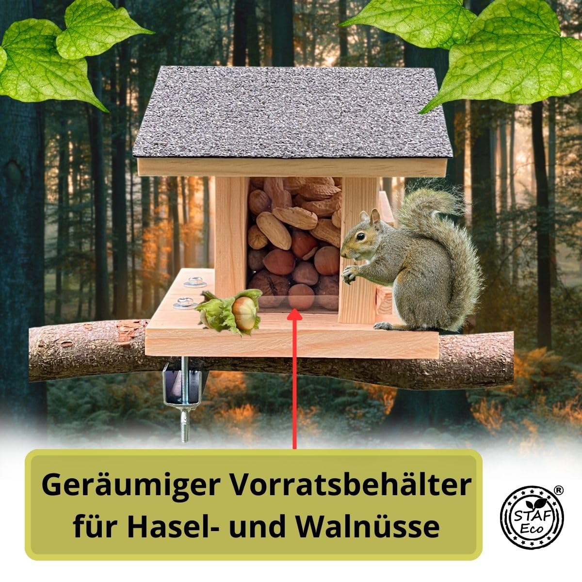 Eichhörnchen Futterhaus aus Holz für Balkon oder Baum wetterfestes Futterhaus für Eichhörnchen mit Haselnüssen und Eicheln stabiles Eichhörnchenhaus für Garten & Terrasse Made in EU (Satteldach)