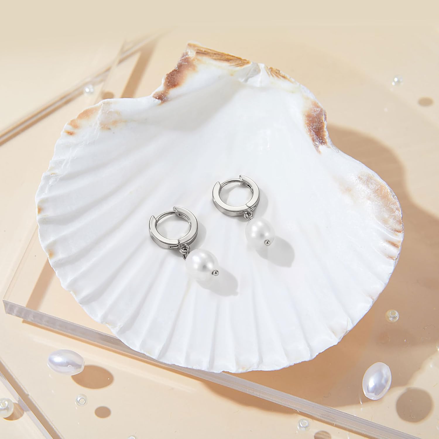 Fiusem Pearl Drop Earrings for Women, 14K Gold Plated Small Huggie Hoops with Pearl Dangle Earring for Women - Image 6