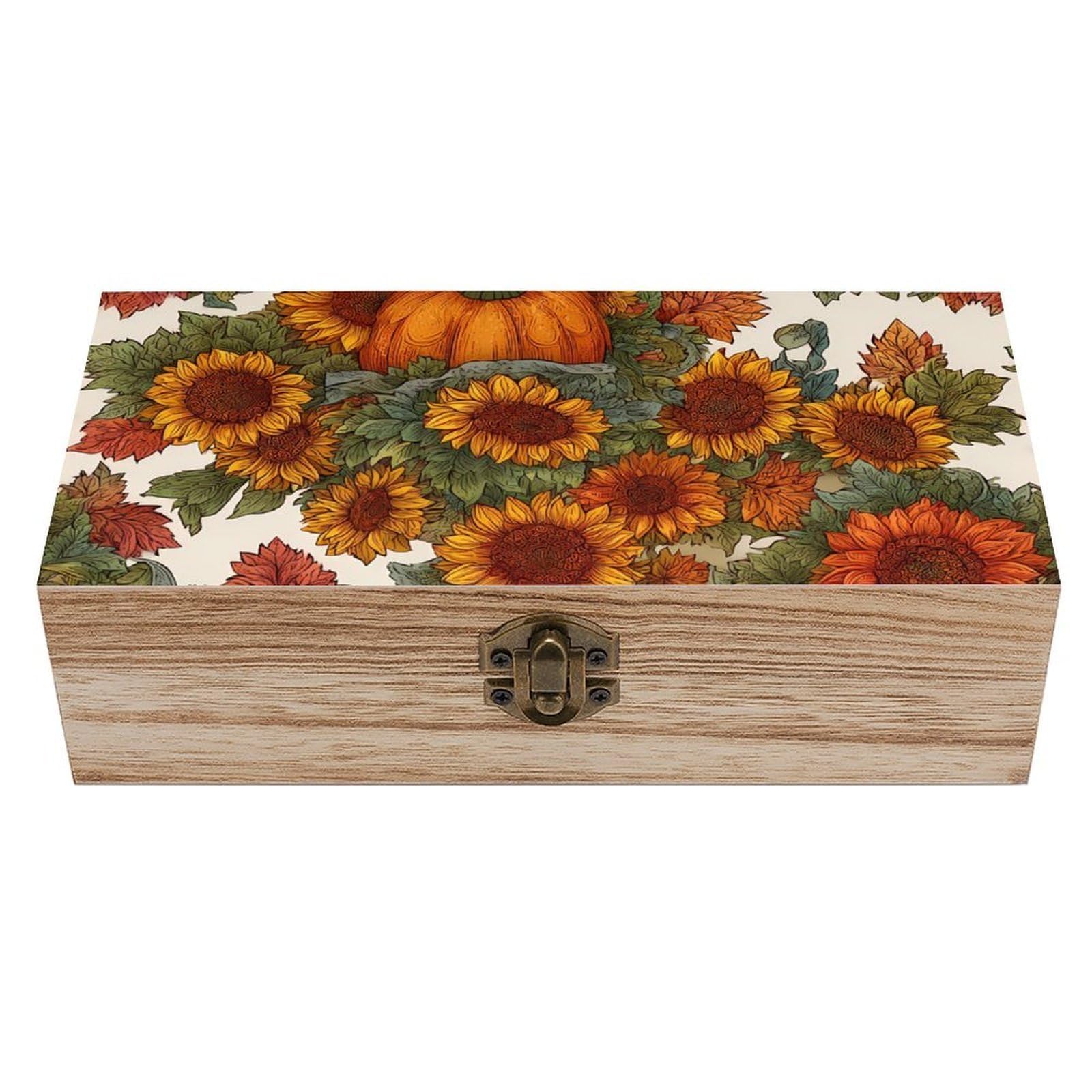 HLBSDM Pumpkins Sunflowers Leaves Wooden Storage Box Craft Memory Keepsake Treasure Chest Box Jewelry Organizer