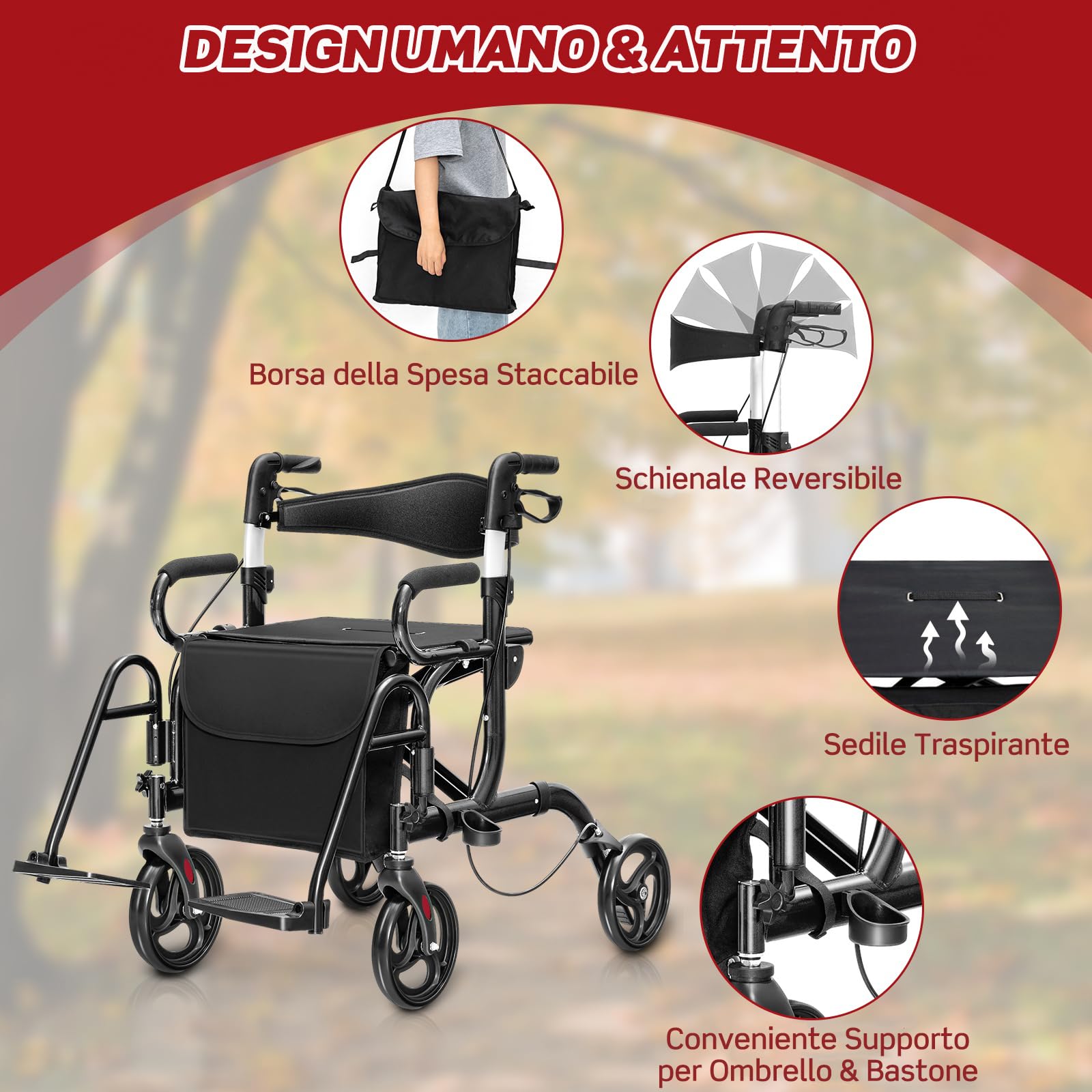 RELAX4LIFE 2 in 1 Deambulatore per Anziani, Sedia a Rotelle, Deambulatore con Seduta e 4 Ruote, Rollator Pieghevole in Alluminio Leggero, Portata Massima 160KG (Nero, 105 x 63 x 87-99 cm)