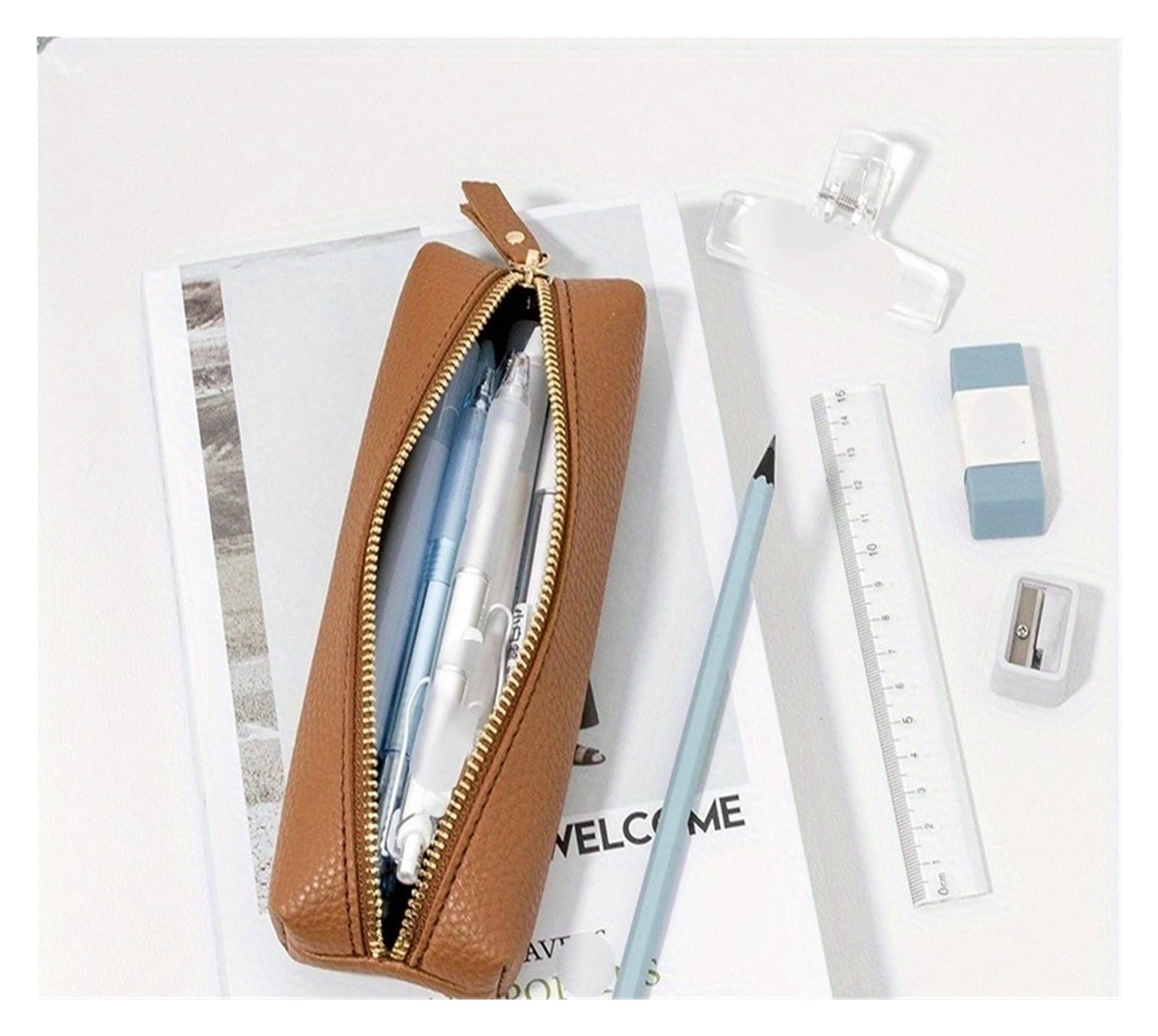 Custodia for penna in pelle PU for ufficio scolastico | Semplice, con cerniera, portatile, portapenne stilografica, leggero(Brown)