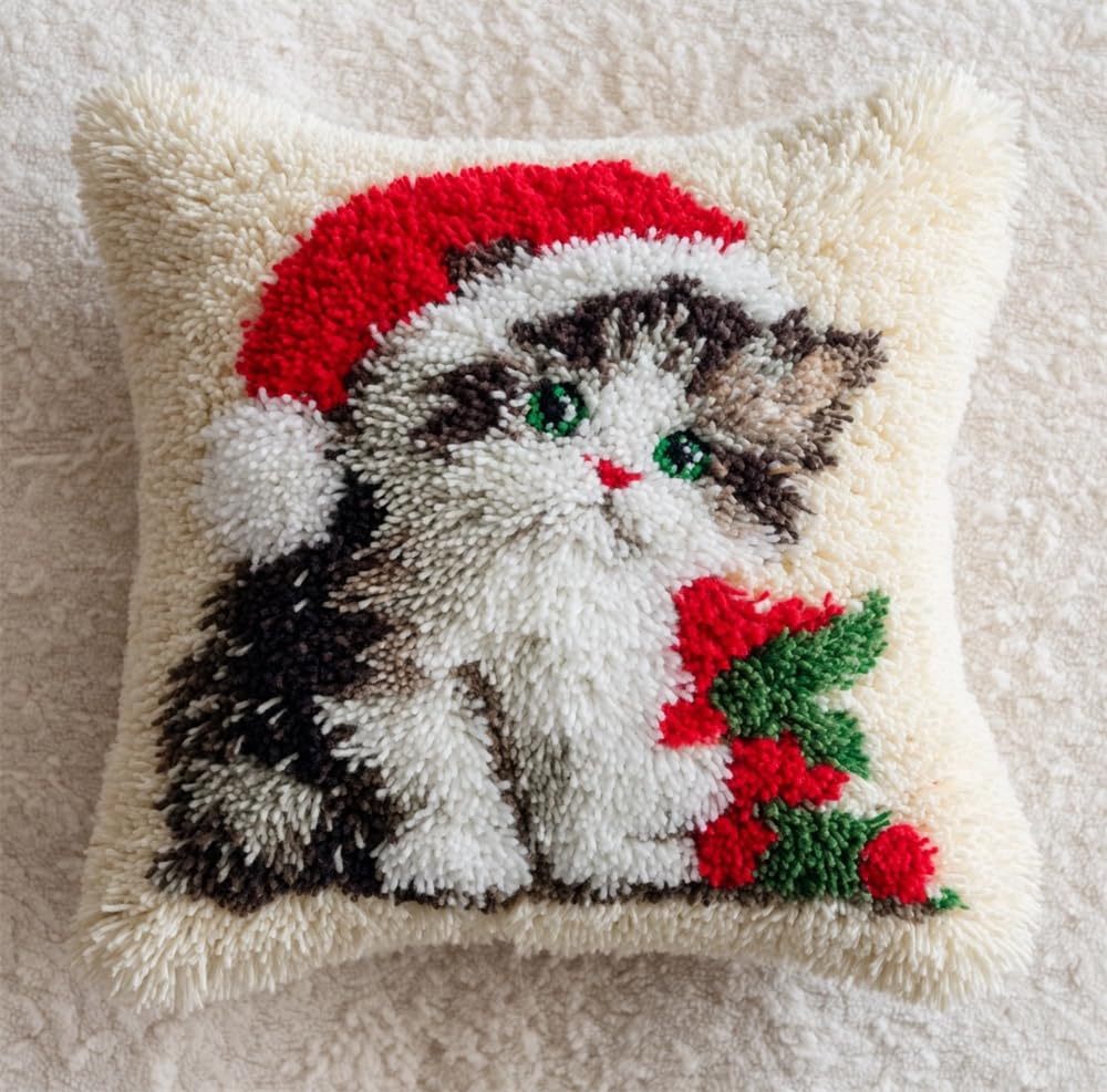 FWRTYCB Latch Hook Kits for Adults,Christmas Kitten Pillow Sofa Cushion