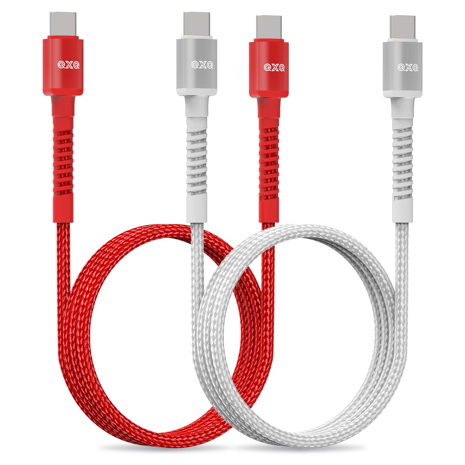 QXQ Cavo USB C 60W PD. 1m Bianco&Rosso, Set 2 Pezzi, Cable Type C Ricarica Rapida per iPhone 17 Pro Max Air/16/15, iPad Pro Air 2024, Galaxy S25/S24/S21 Ultra, Pixel 10/9, Switch PS5