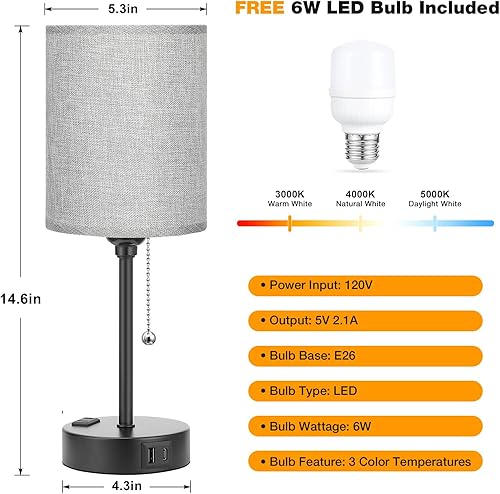 Miniatura 163 de Lámparas de noche pequeñas, 3 modos de color, blanco roto 3000K 4000K 5000K Lámparas de dormitorio con puertos USB C y A, lámparas de mesa de cadena