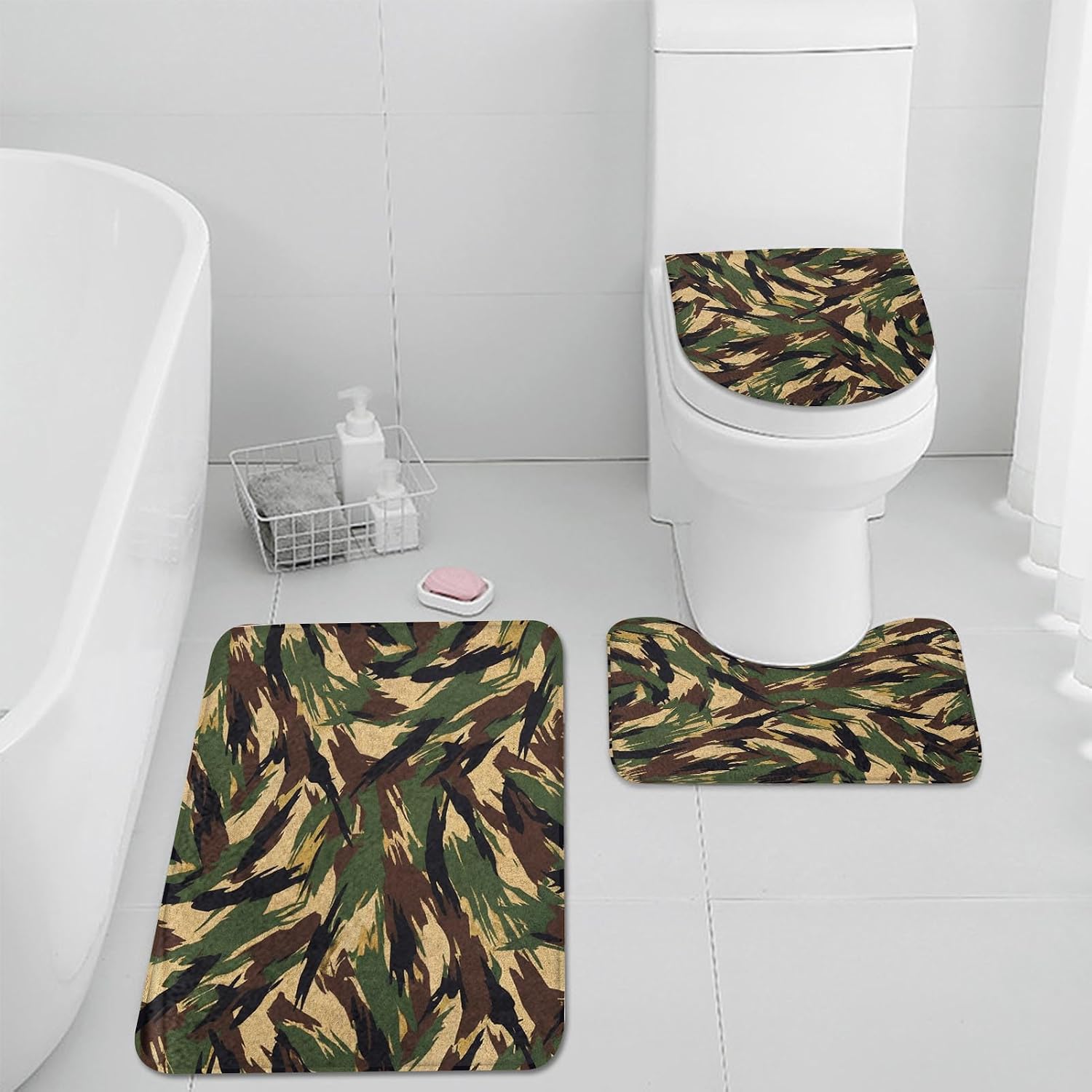 Pamnest 4 Pcs Shower Curtain Sets, Camo Military Hunting Waterproof Bathroom Sets with Non-Slip Rugs,Toilet Lid Cover and Bath Mat, Accessories Modern Home Bathroom Decor 72" X 72"