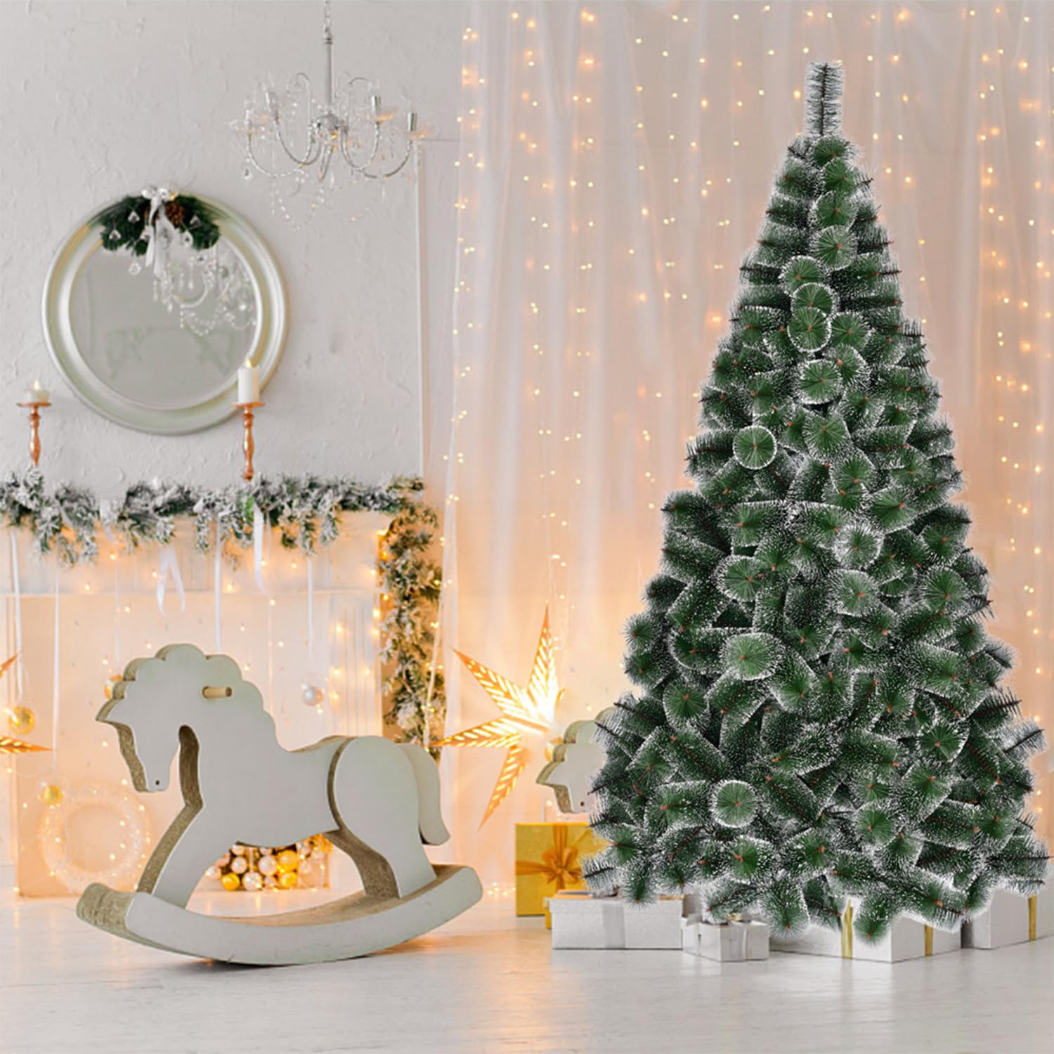 GREATOYAR Árbol de Navidad, Árbol de Navidad Artificial, Material PVC Aguja de Pino, Hogar Salón Oficina, Decoración para Navidad, con Soporte de Metálico, Fácil Montaje, Altura 180cm, Pino con Nieve