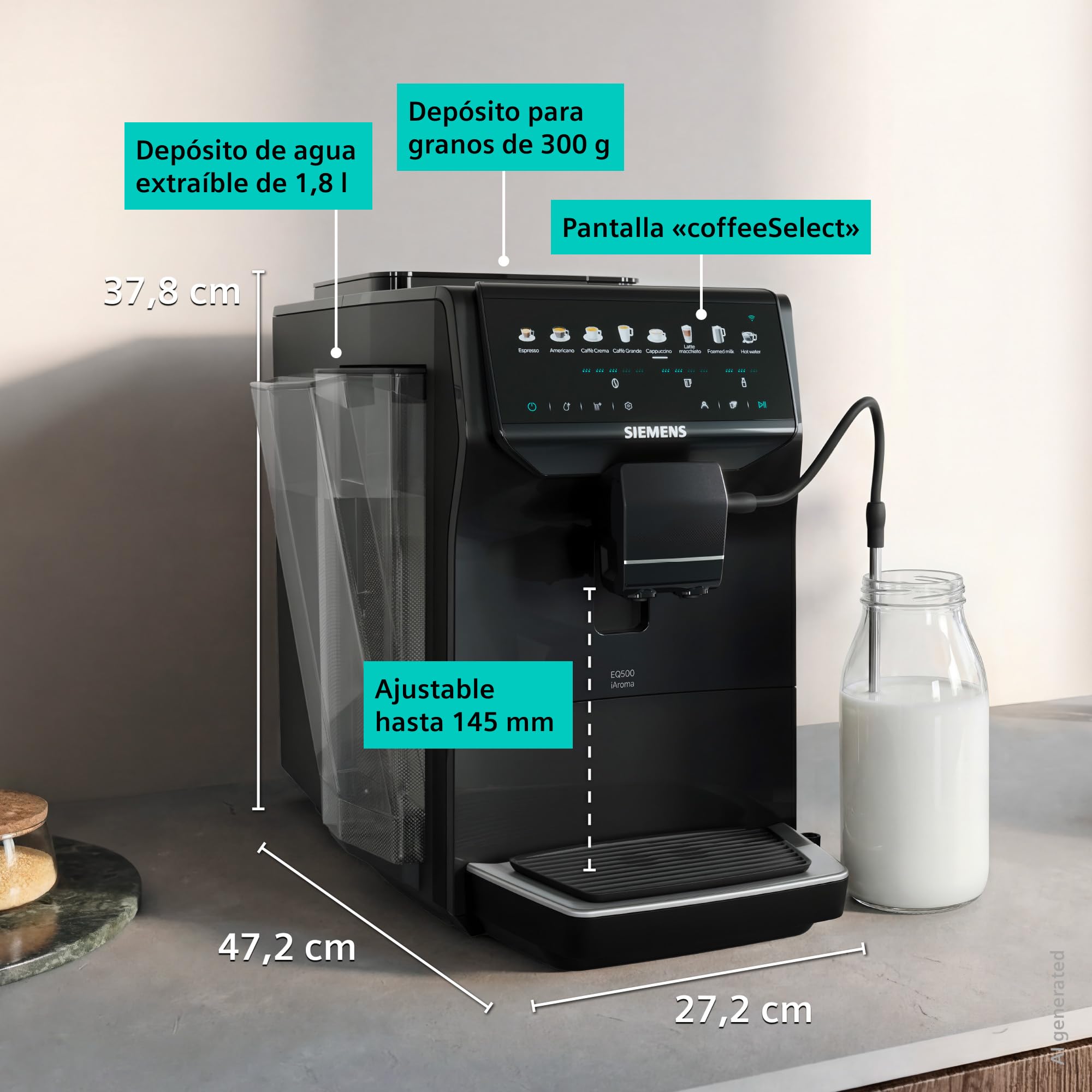 SIEMENS, Cafetera superautomática EQ500 iAroma, tactil, Negro, TP553E19 | Prepara dos tazas a la vez, personaliza tu bebida favorita con un toque y controla todo desde el móvil. Limpieza fácil.