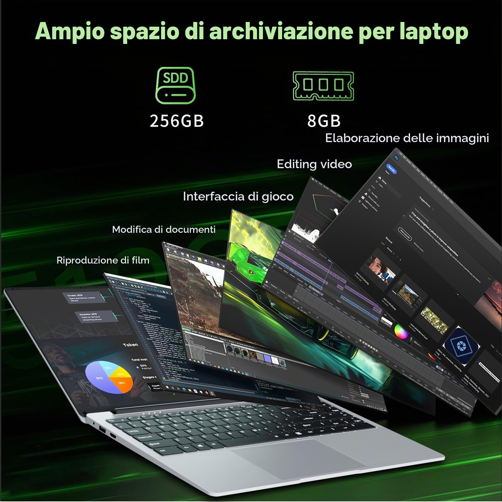 PC Portatile 15,6 Pollici Computer portatile Celeron N4000 Processore, Laptop 8GB RAM 256GB SSD, Notebook Schermo FHD Apertura 180° Full HD 1920 x 1080, WiFi 5, BT4.2, USB3.0, Mini HDMI, TF Card Slot