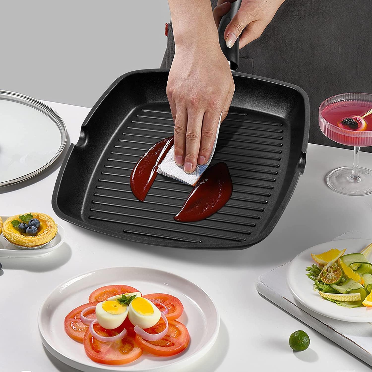 Sartén Parrilla 28cm,Grill Asador con Rayas,Sartén Grill Cuadrada Plancha de Aluminio Fundido con Antiadherente,Apto para Todo Tipo de Cocinas Incluido Inducción, Libre de PFOA