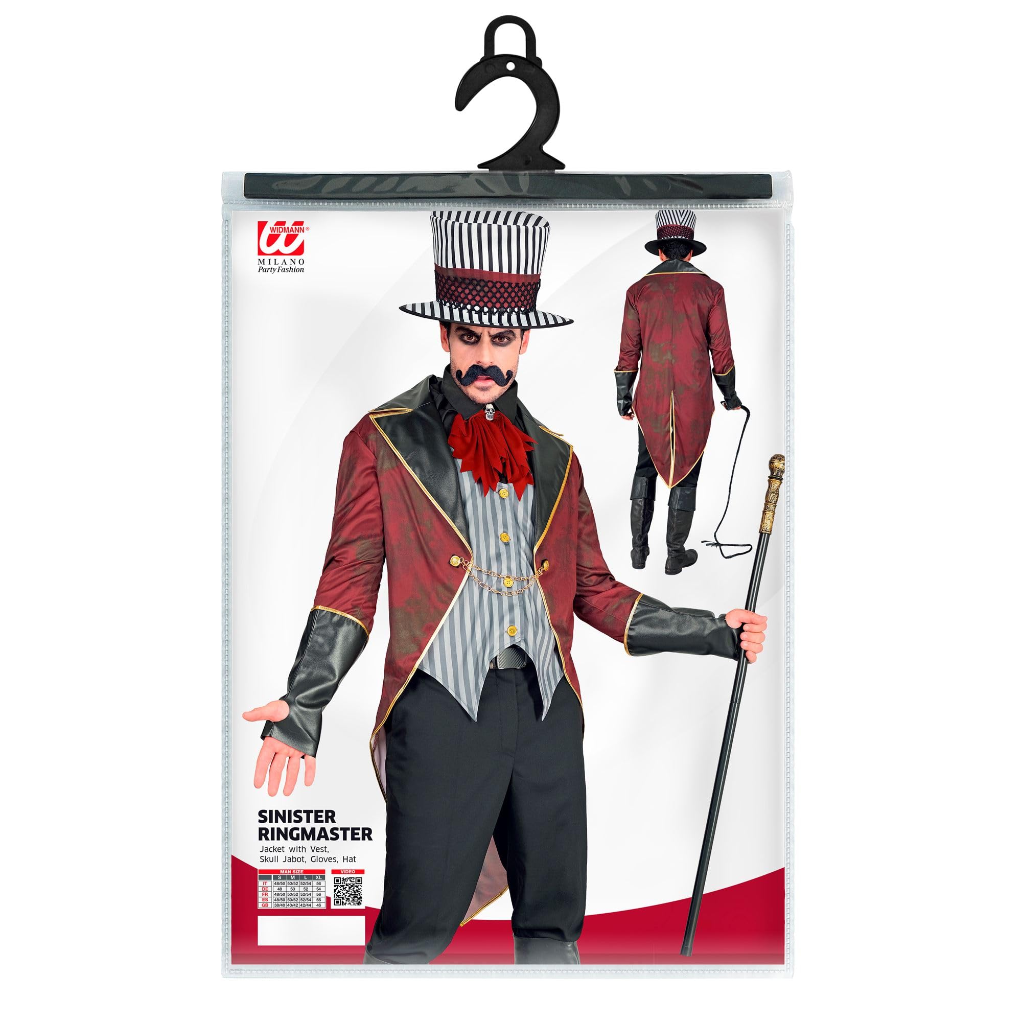 W WIDMANN MILANO Party Fashion - kostium złego dyrektora cyrku | Frak z kamizelką, żabot z czaszką, rękawiczki i kapelusz, przerażający treser cyrkowy na Halloween