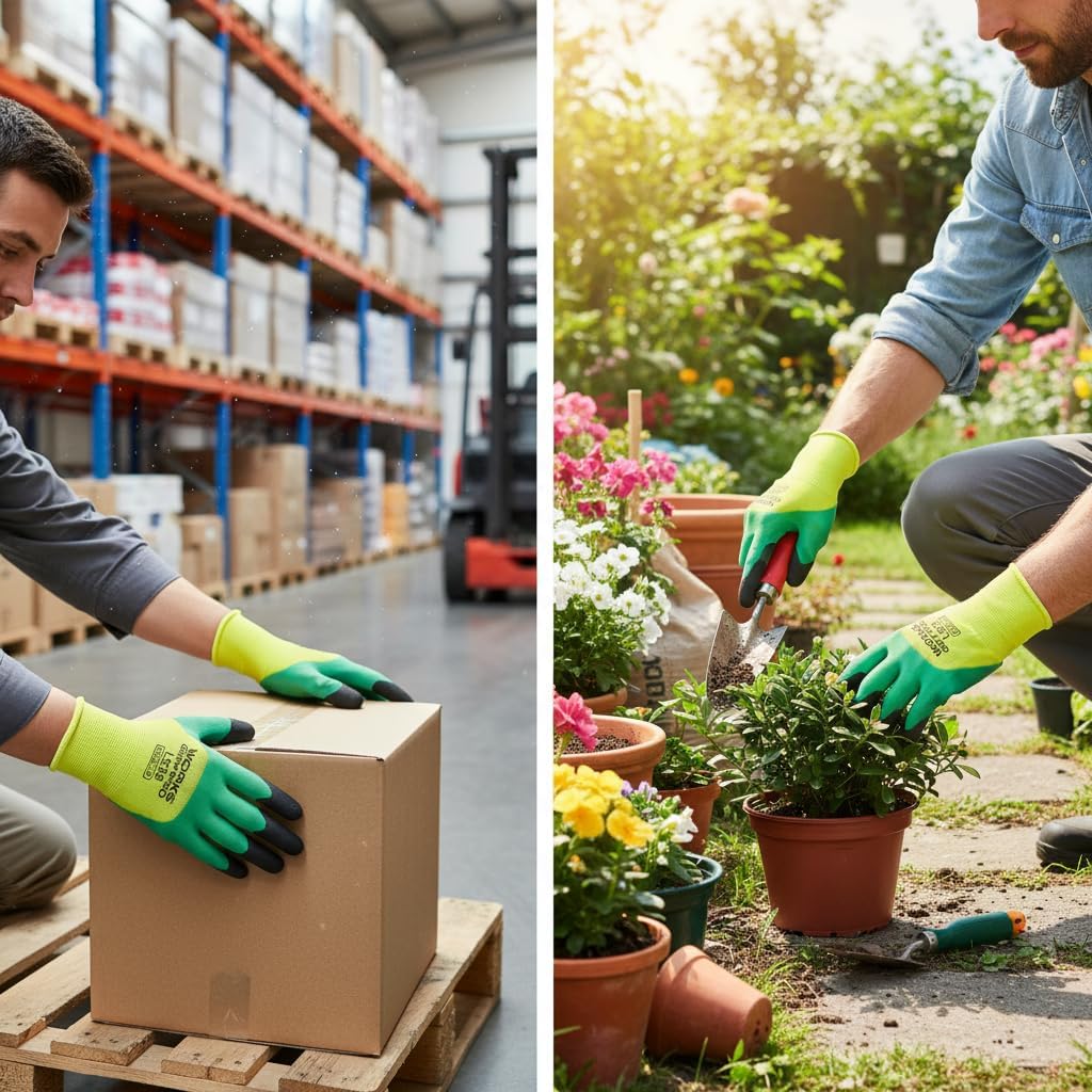 Safety Work Gloves, Green and Yellow, Latex Rubber Coated, Size 8, for Construction, Gardening, Warehouse, Assembly - Image 5