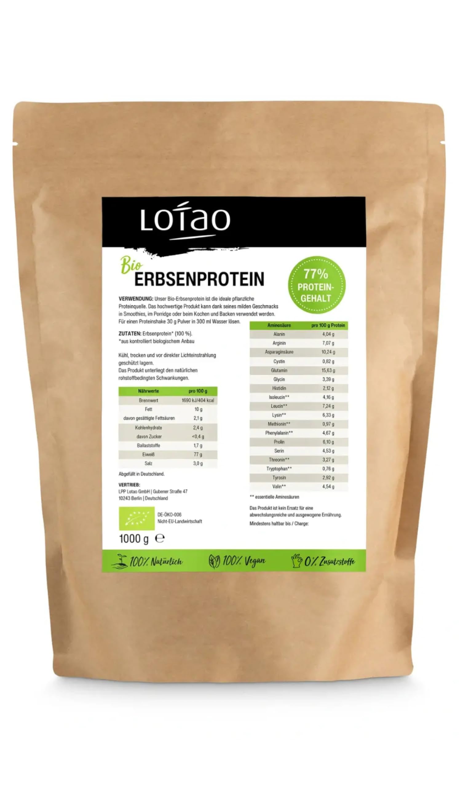 Bio Erbsenprotein 1kg - Veganes Proteinpulver ohne Süßstoff mit 77% Eiweiß | Pflanzliches Eiweißpulver für Shakes, Smoothies, Porridge & Backen | Geschmacksneutral, laktosefrei, glutenfrei & sojafrei