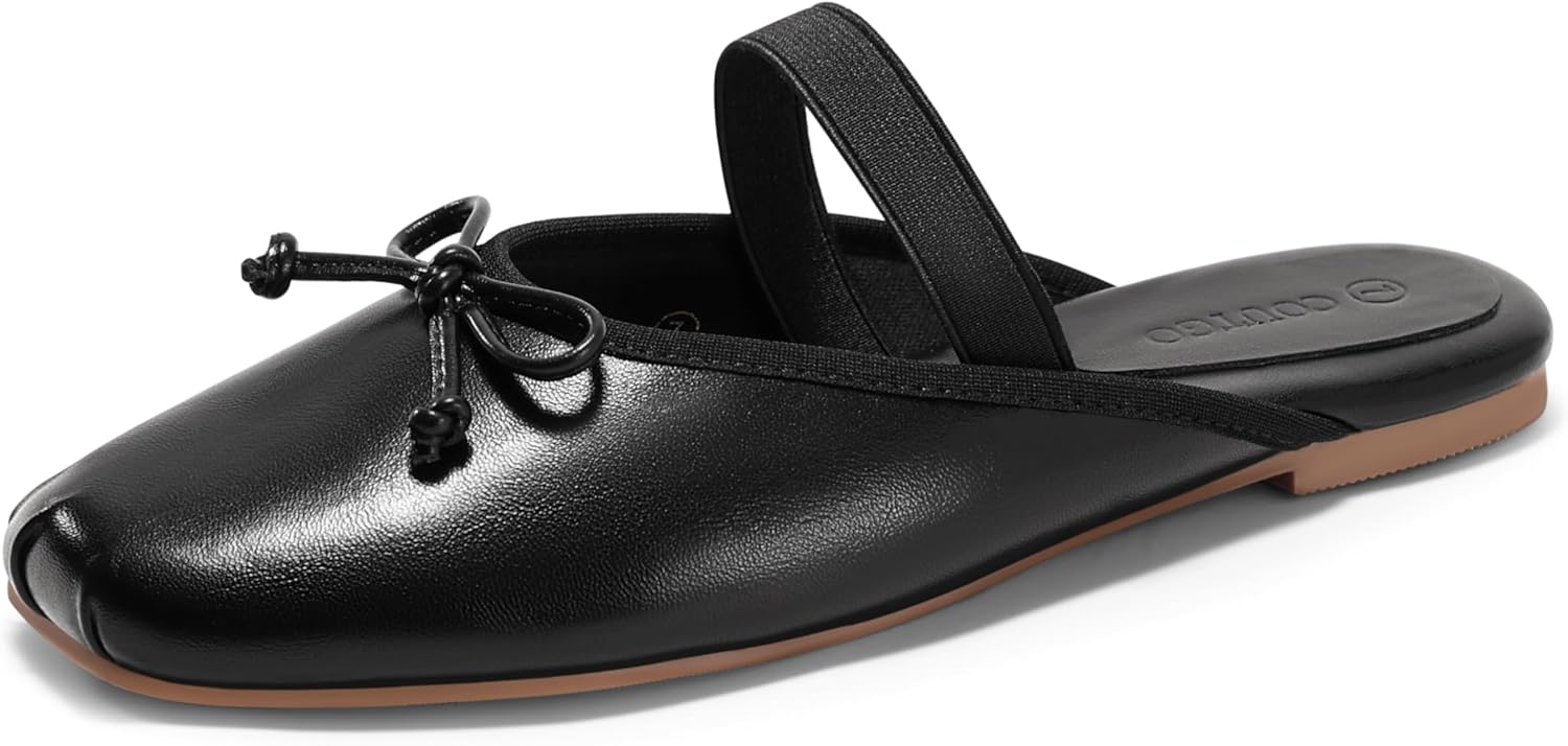 Coutgo Womens Ballet Flats Mules Bow Square Toe Slip On Slides Work Office Party Dress Shoes - Image 4