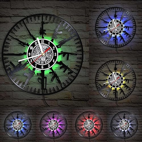 The Geeky Days Bullet Time - Reloj de disco de vinilo LED con control remoto de 7 colores, pistola de cuarzo silenciosa tallada en la pared, Ablum