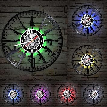 The Geeky Days Bullet Time LED Vinyl Record Clock Color Light, Silent Quartz Army Gun Wall Carved Ablum Longplay Hanging Watch Soldier and Military Fan Gift Home Decor